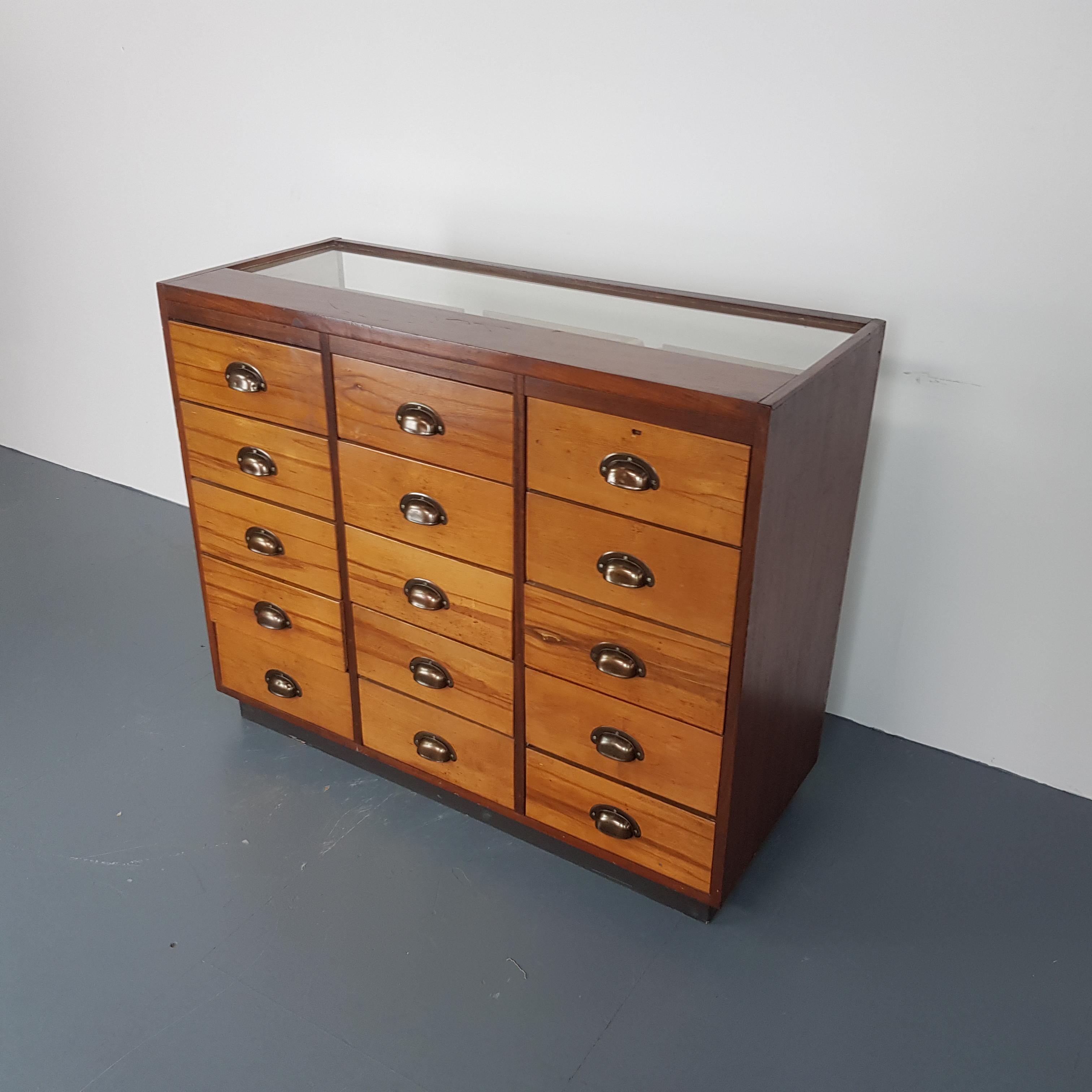 Vintage British Haberdashery Shop Counter in Teak and Mahogany In Good Condition In Lewes, East Sussex