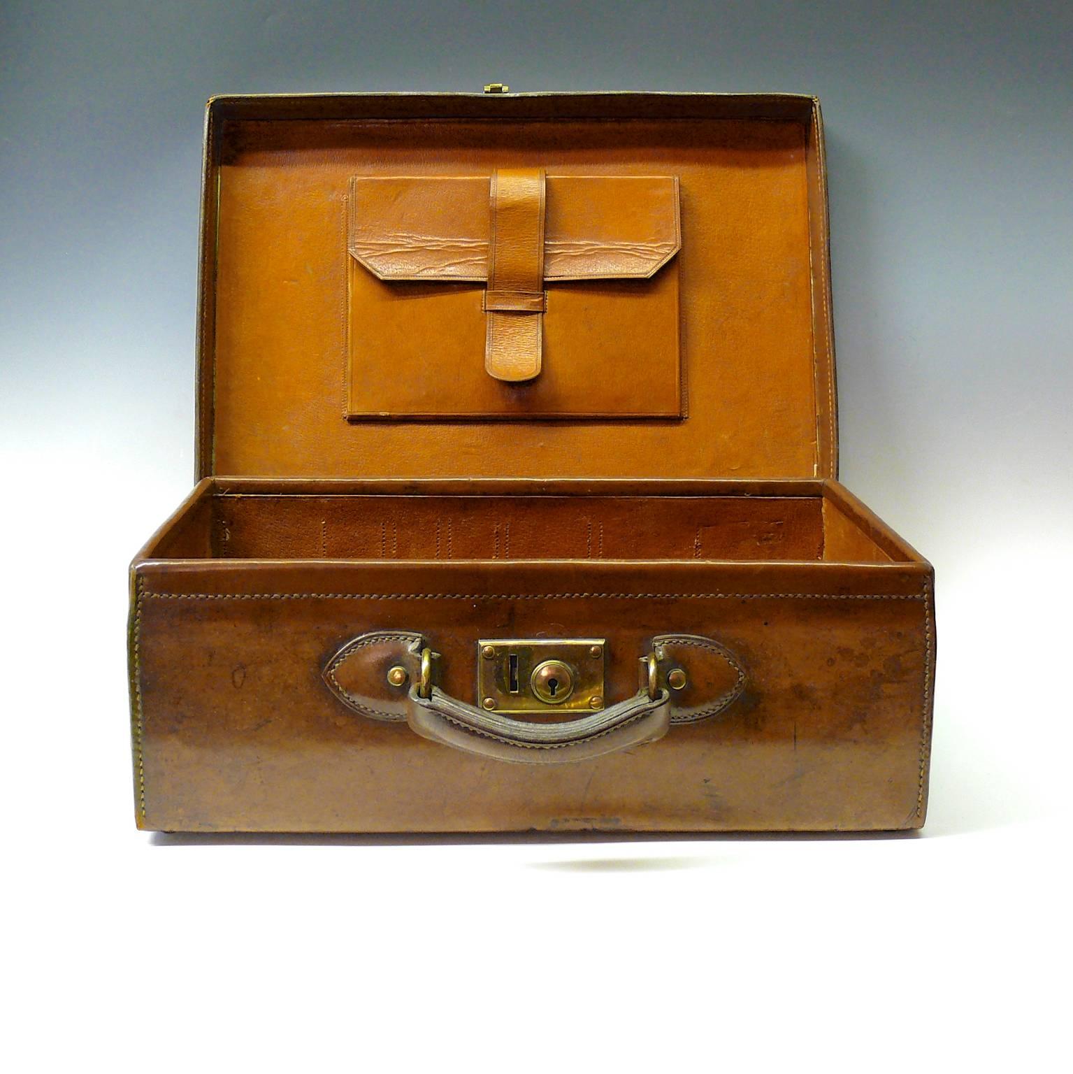 Brass Vintage British Leather Suitcase, circa 1910