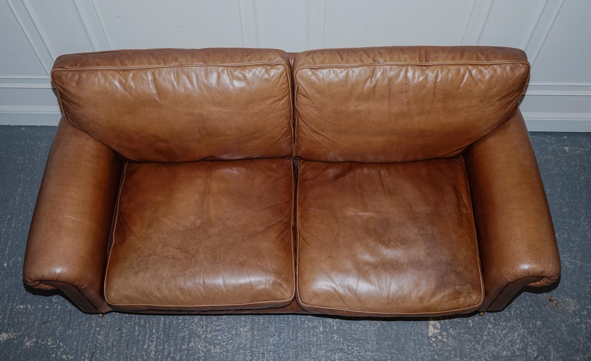 VINTAGE BRITiSH MADE LAURA ASHLEY TAN LEATHER TWO TO THREE SEATER SOFA 4