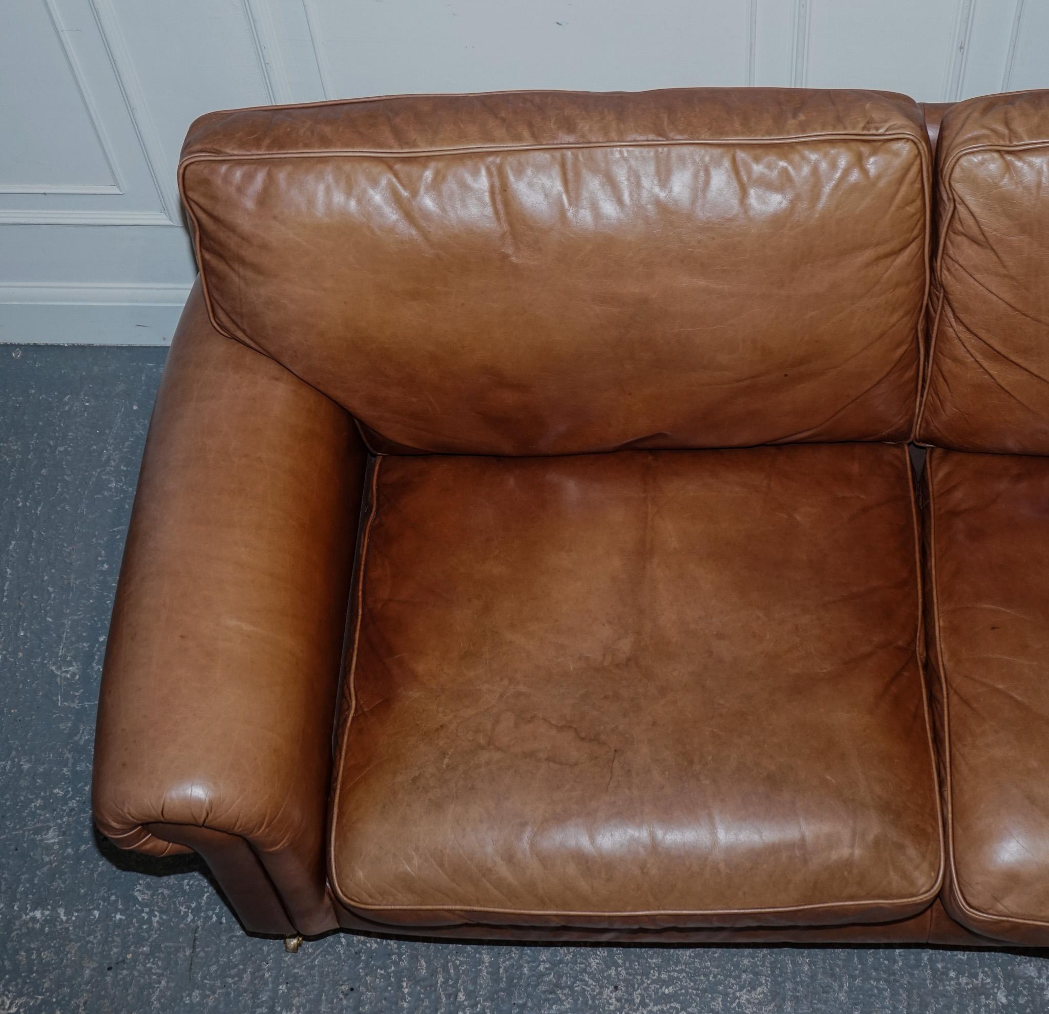 VINTAGE BRITiSH MADE LAURA ASHLEY TAN LEATHER TWO TO THREE SEATER SOFA 5