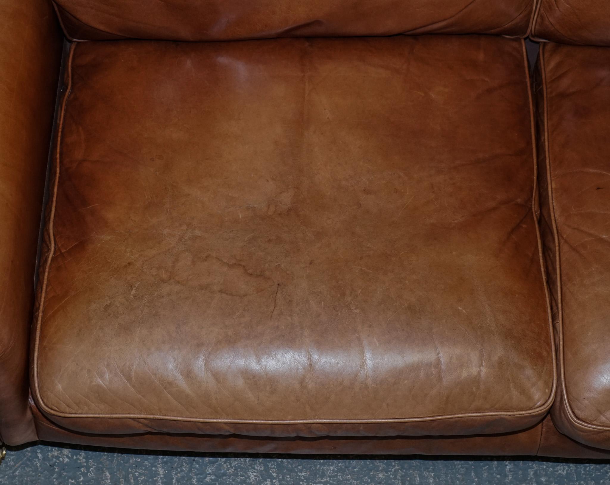 VINTAGE BRITiSH MADE LAURA ASHLEY TAN LEATHER TWO TO THREE SEATER SOFA 7