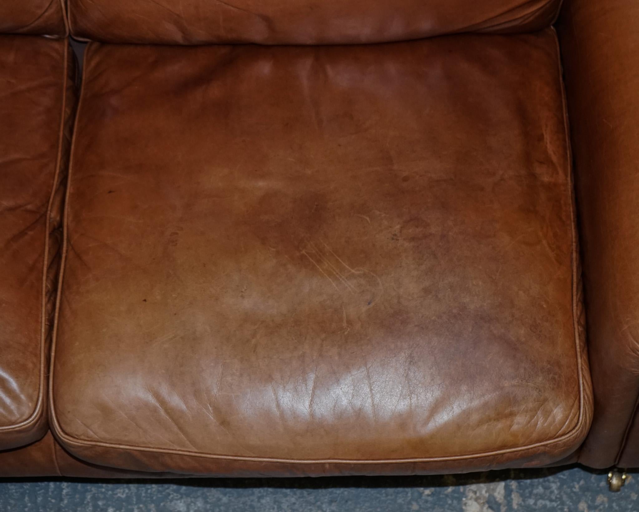 VINTAGE BRITiSH MADE LAURA ASHLEY TAN LEATHER TWO TO THREE SEATER SOFA 8