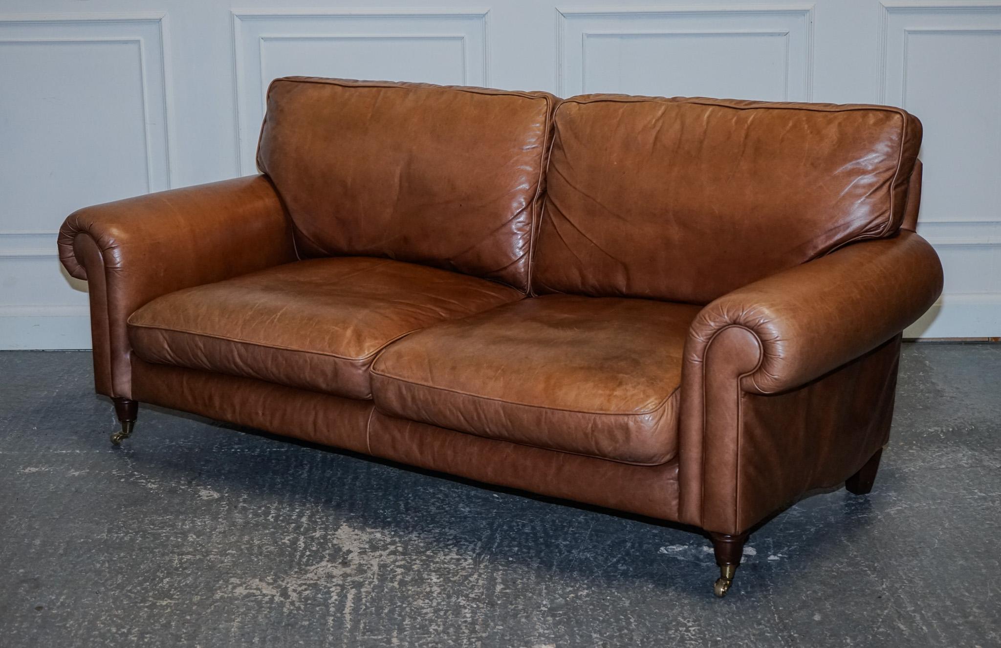 British VINTAGE BRITiSH MADE LAURA ASHLEY TAN LEATHER TWO TO THREE SEATER SOFA