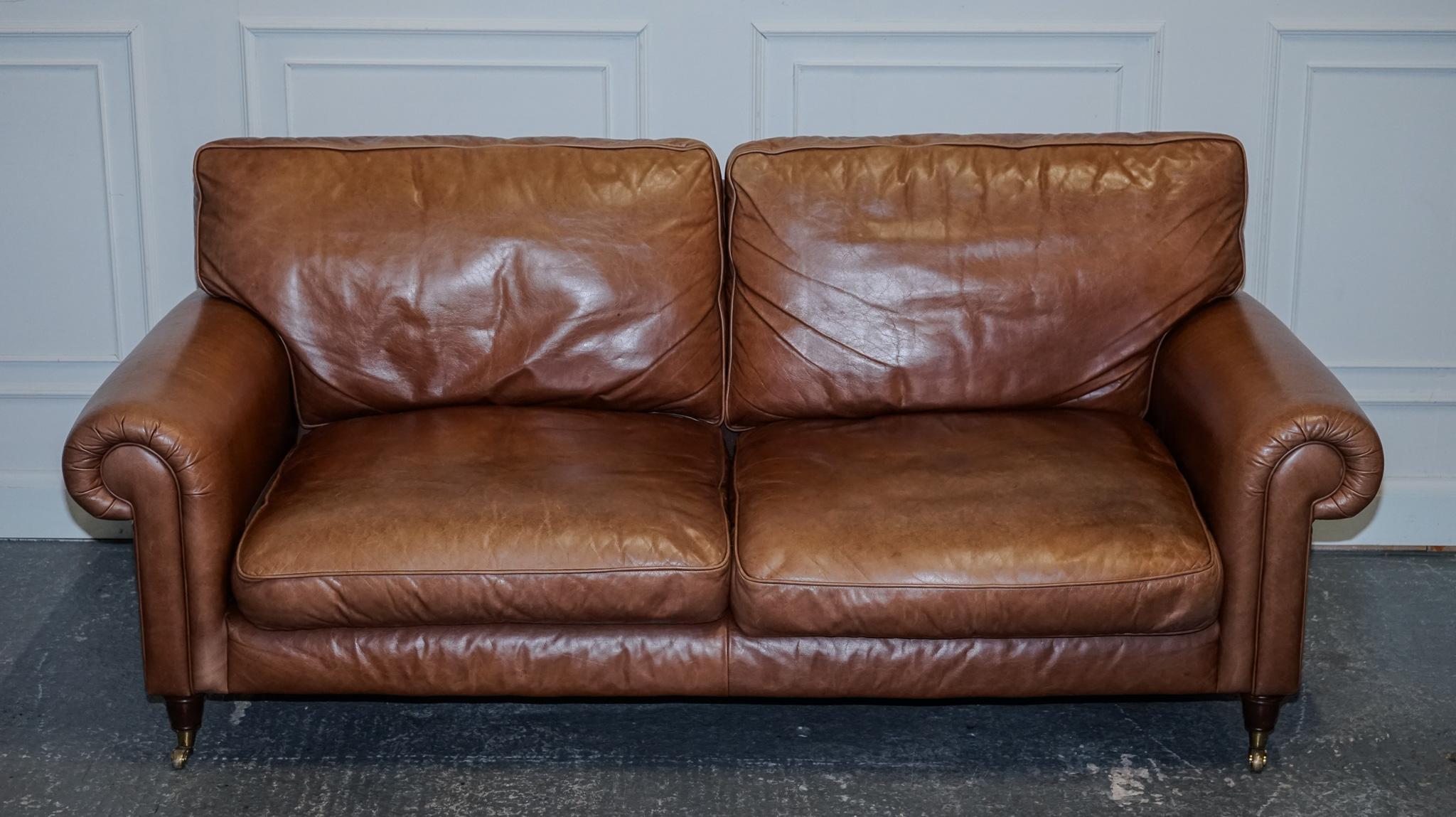 Hand-Crafted VINTAGE BRITiSH MADE LAURA ASHLEY TAN LEATHER TWO TO THREE SEATER SOFA