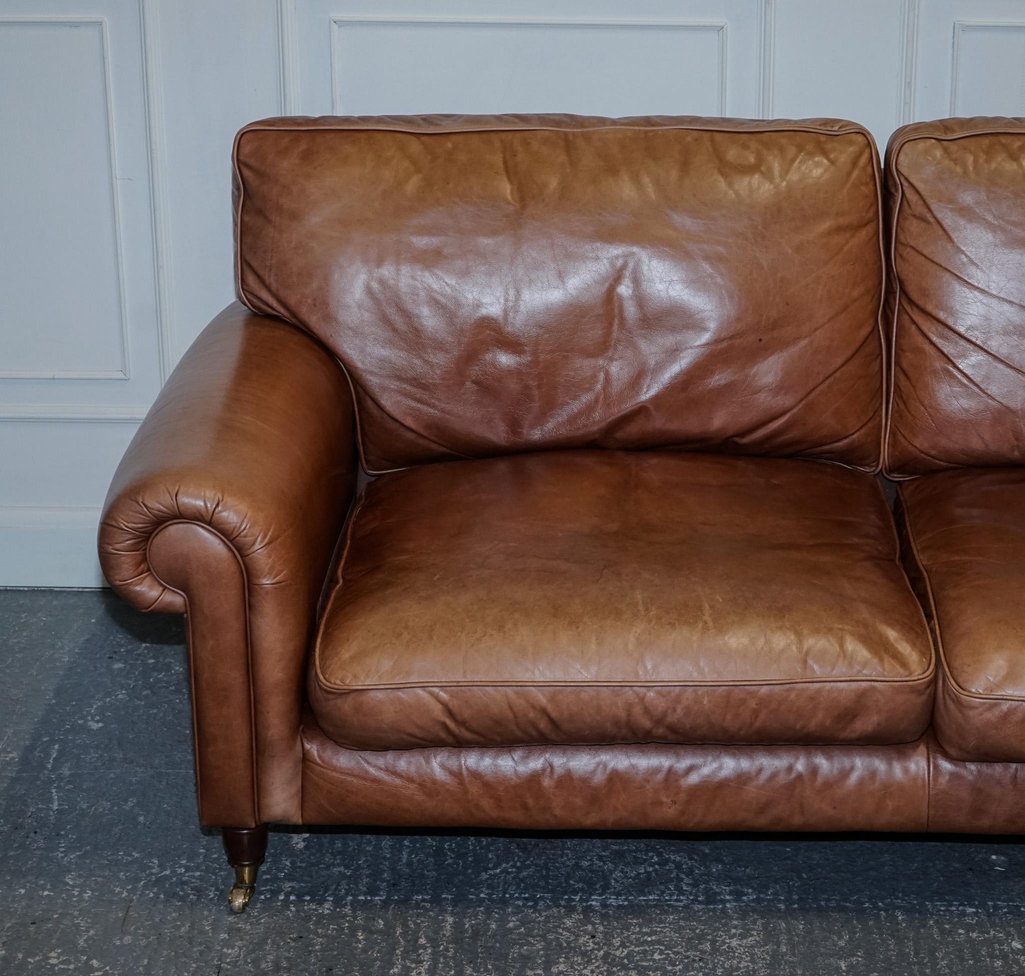 VINTAGE BRITiSH MADE LAURA ASHLEY TAN LEATHER TWO TO THREE SEATER SOFA In Good Condition In Pulborough, GB