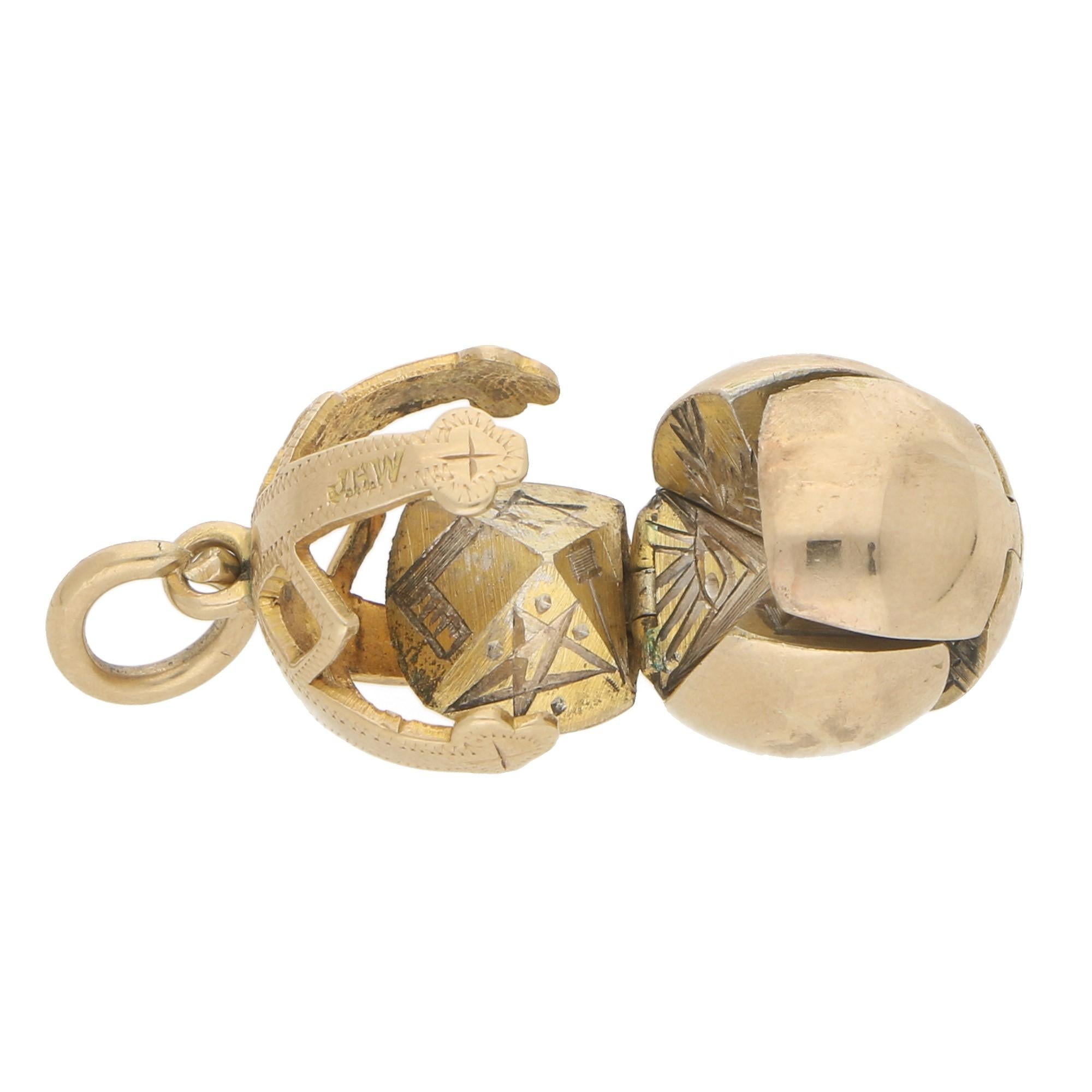 Retro Vintage British Masonic Orb Ball Charm in 18 Karat Yellow Gold and Silver