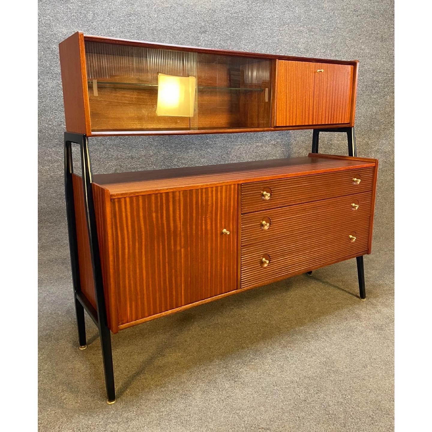 English Vintage British Mid Century Modern Cherry Hutch Credenza by Nathan