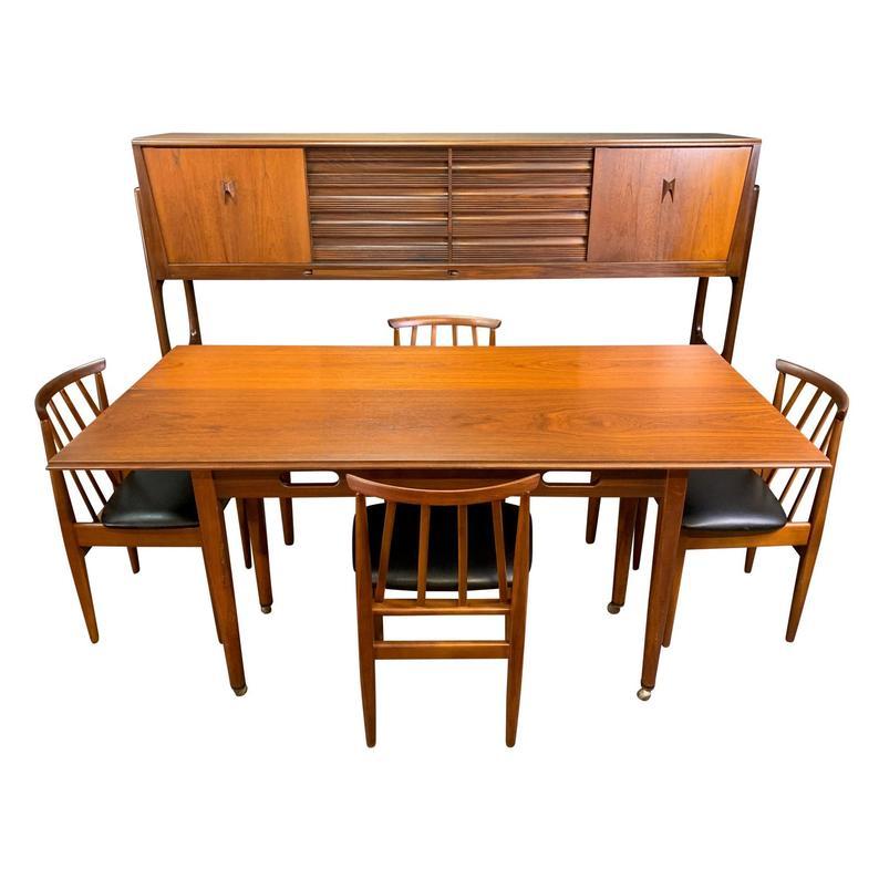 Here is a rare highboard-dining table-set of four chairs combo that would fit/save space in any small places yet offering the option to have a formal dinner option in style!
This brilliant set, recently imported form England to California, was