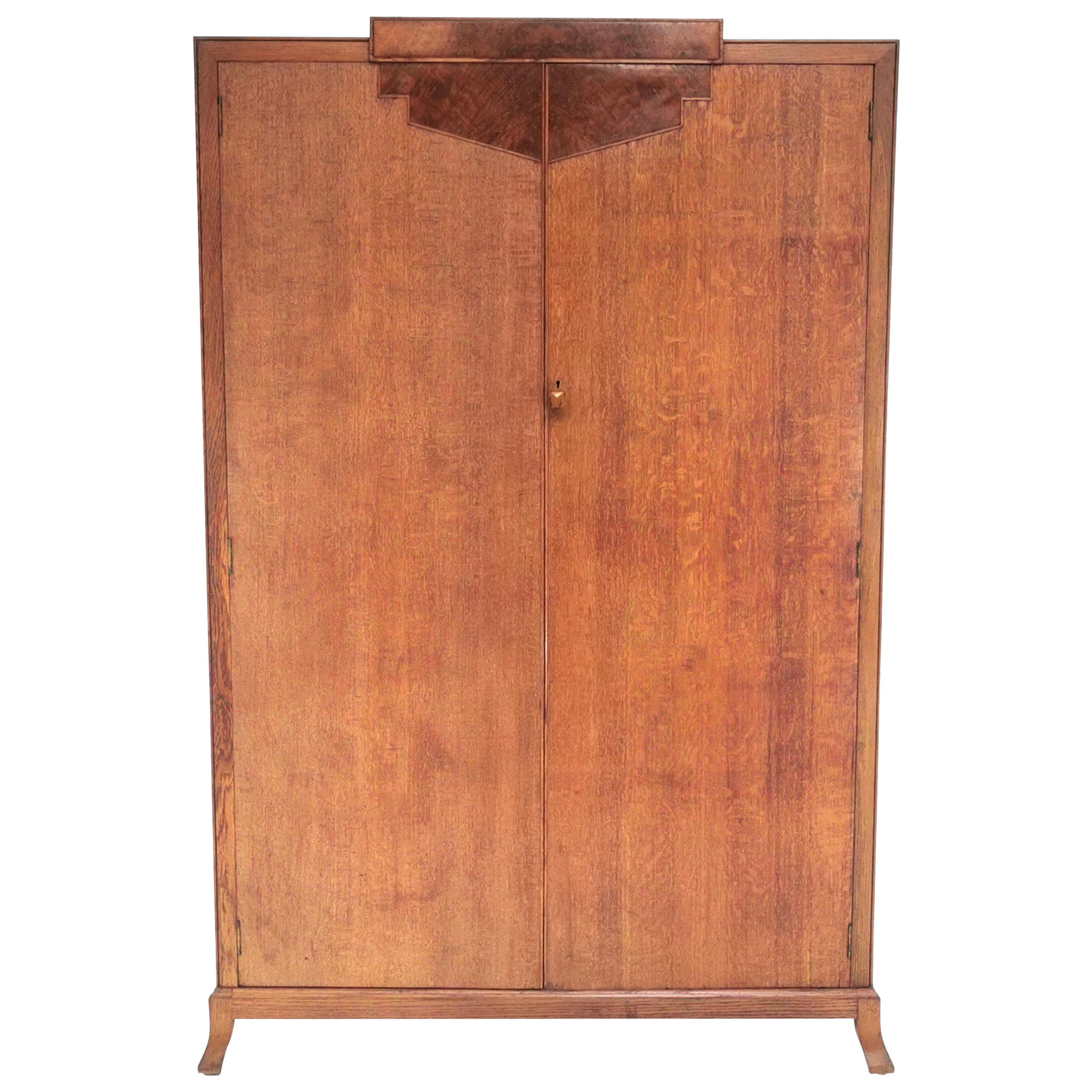 Vintage British Oak Maple 
Co Art Deco Wardrobe For Sale