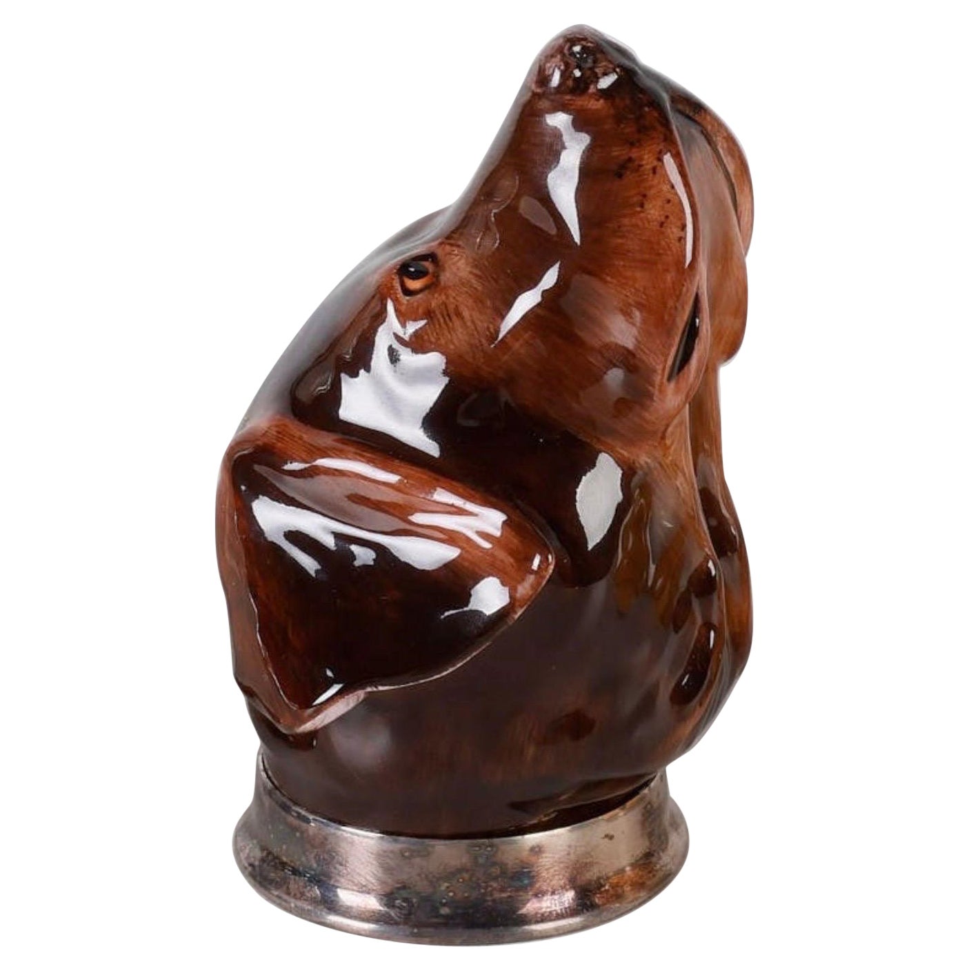 Vintage British Staffordshire Fine Porcelain Dog Head Stirrup Cup Silver-Plated