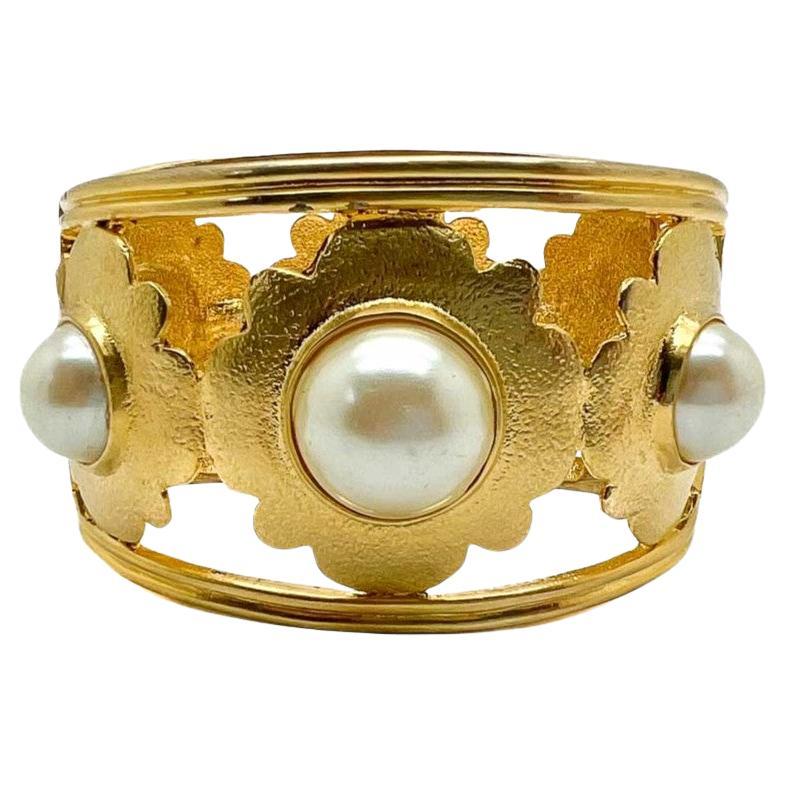 Vintage Broad Pearl Floral Motif Cuff 1980s For Sale