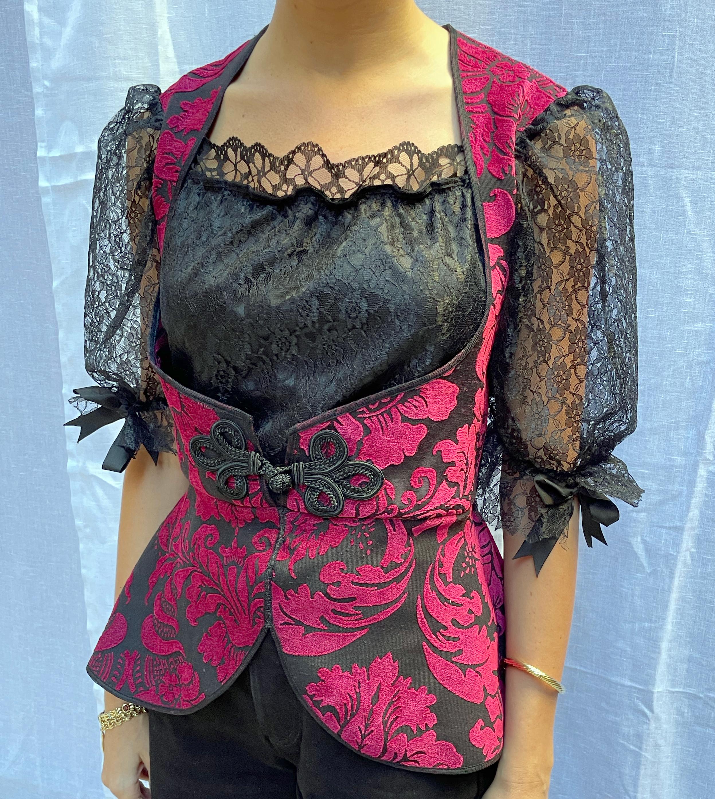 This Vintage Brocade and Lace Dirndl Top is giving me big time Bridgerton vibes! This handmade romantic brocade top emulates the traditional German dirndl, a type of dress that originates in the German Alps. The sleeves are sheer black lace (with