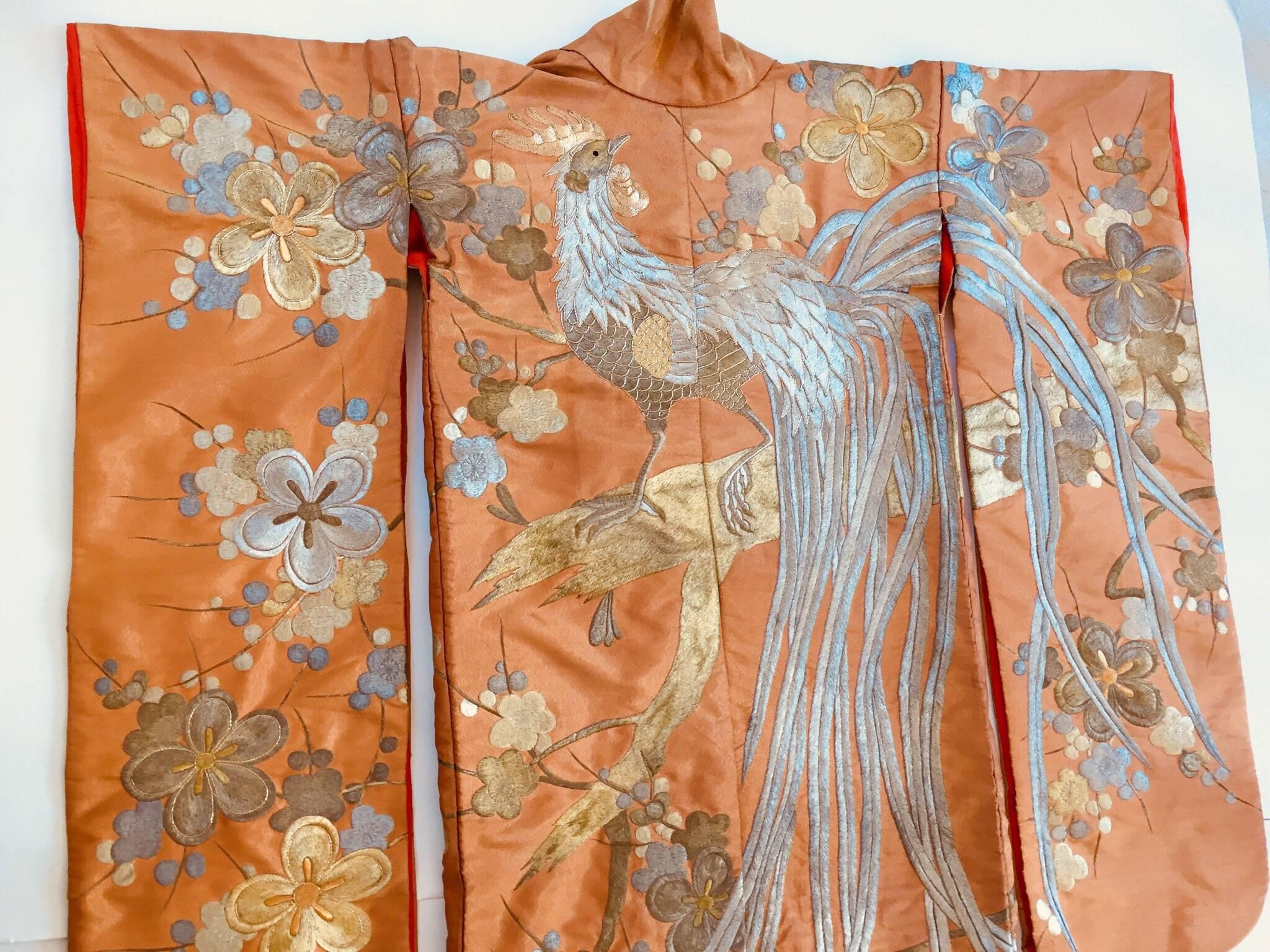 Vintage Brocade Japanese Ceremonial Kimono in Orange, Gold and Silver 6
