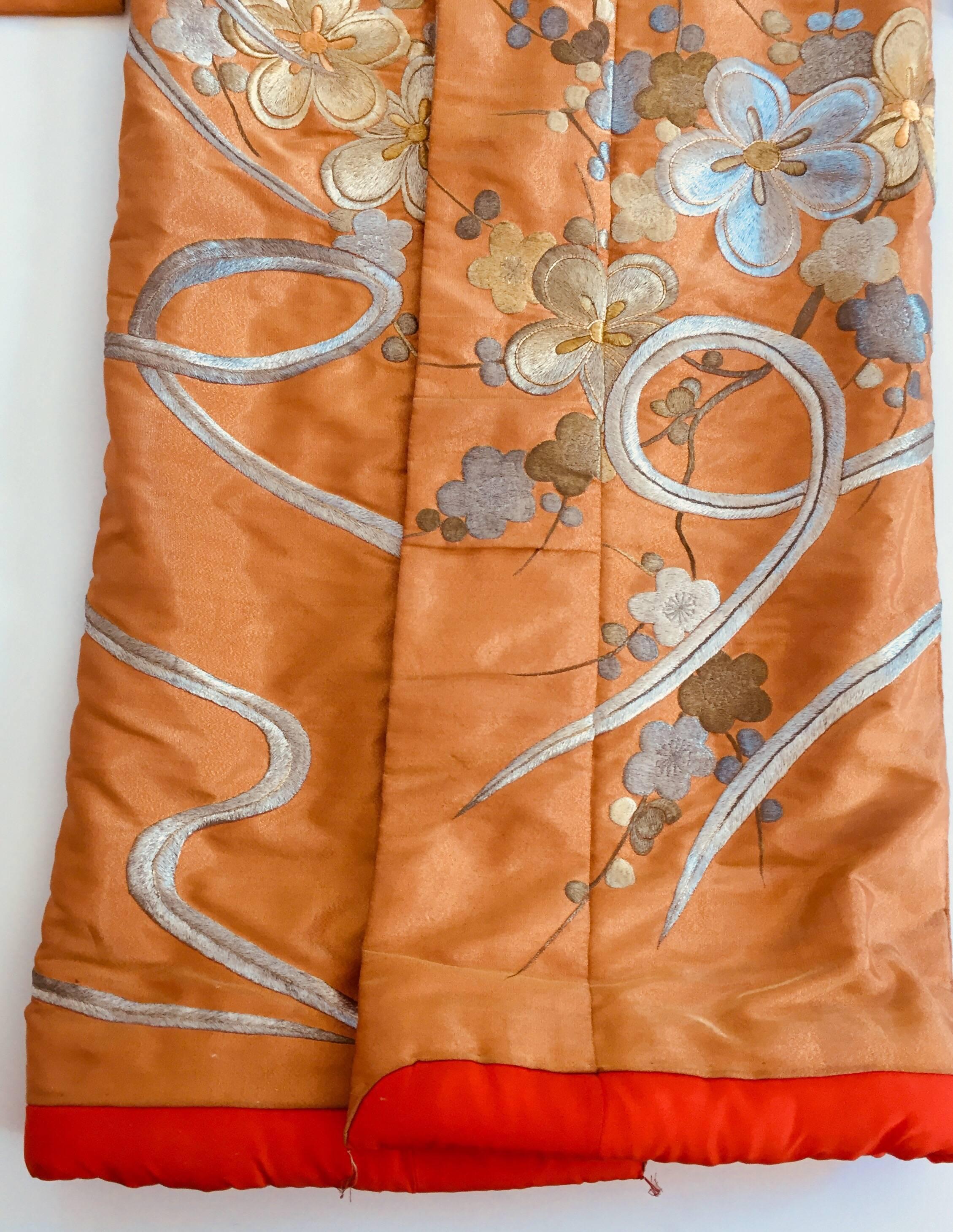 Vintage Brocade Japanese Ceremonial Kimono in Orange, Gold and Silver 7