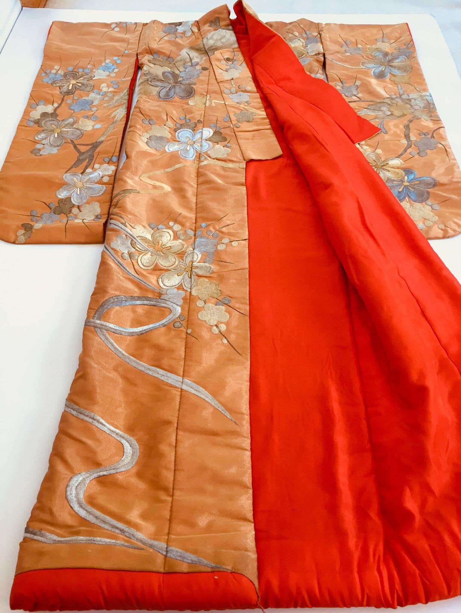 Japonisme Vintage Brocade Japanese Ceremonial Kimono in Orange, Gold and Silver