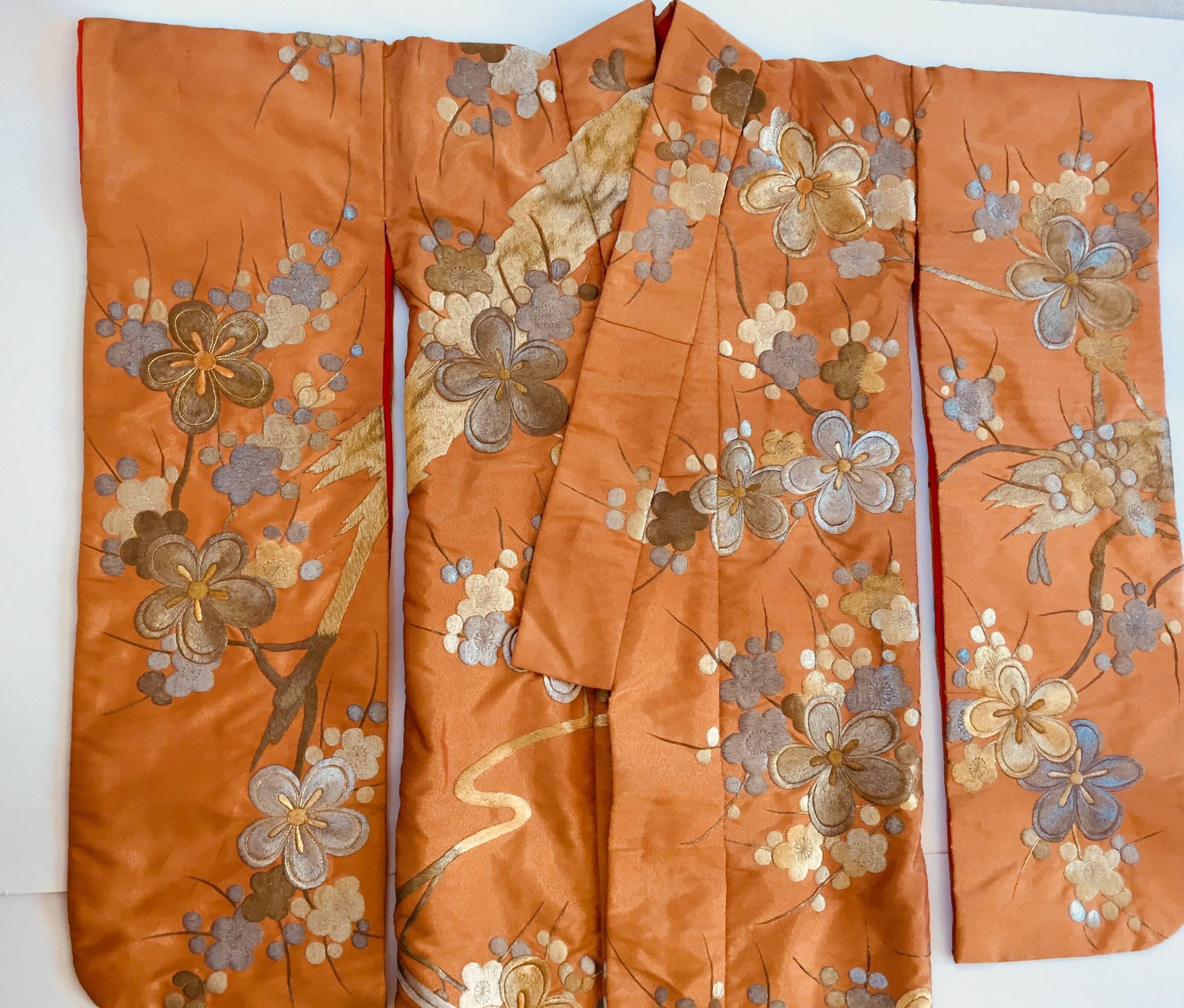 Hand-Crafted Vintage Brocade Japanese Ceremonial Kimono in Orange, Gold and Silver