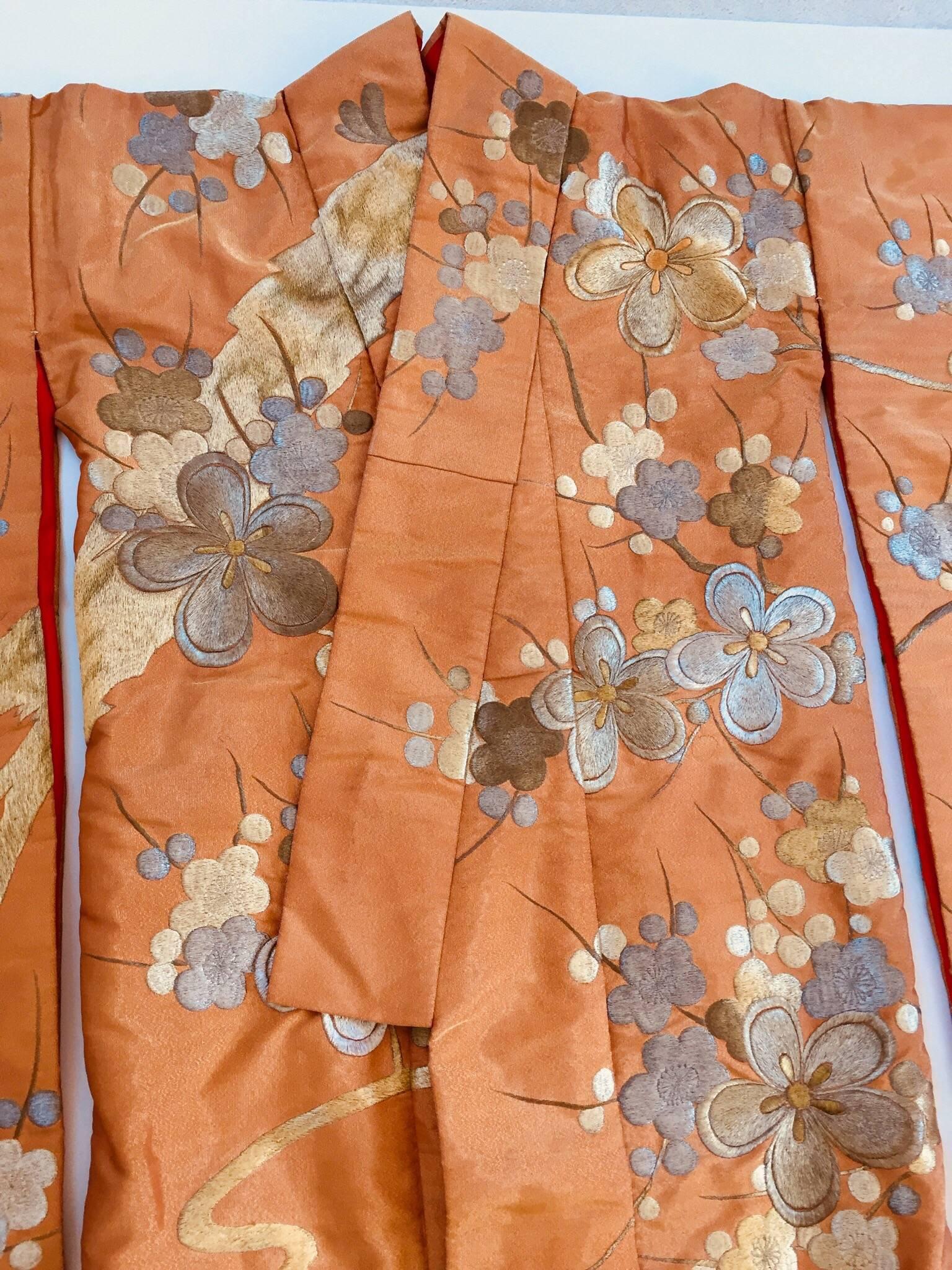 Vintage Brocade Japanese Ceremonial Kimono in Orange, Gold and Silver In Excellent Condition In North Hollywood, CA