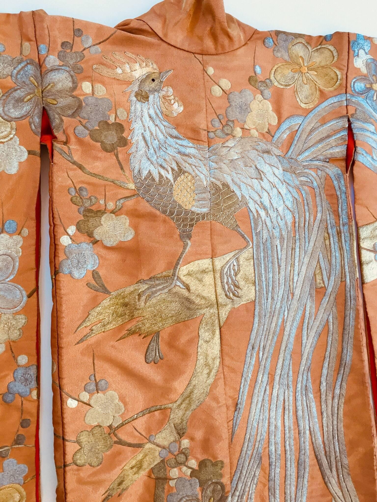 Silk Vintage Brocade Japanese Ceremonial Kimono in Orange, Gold and Silver