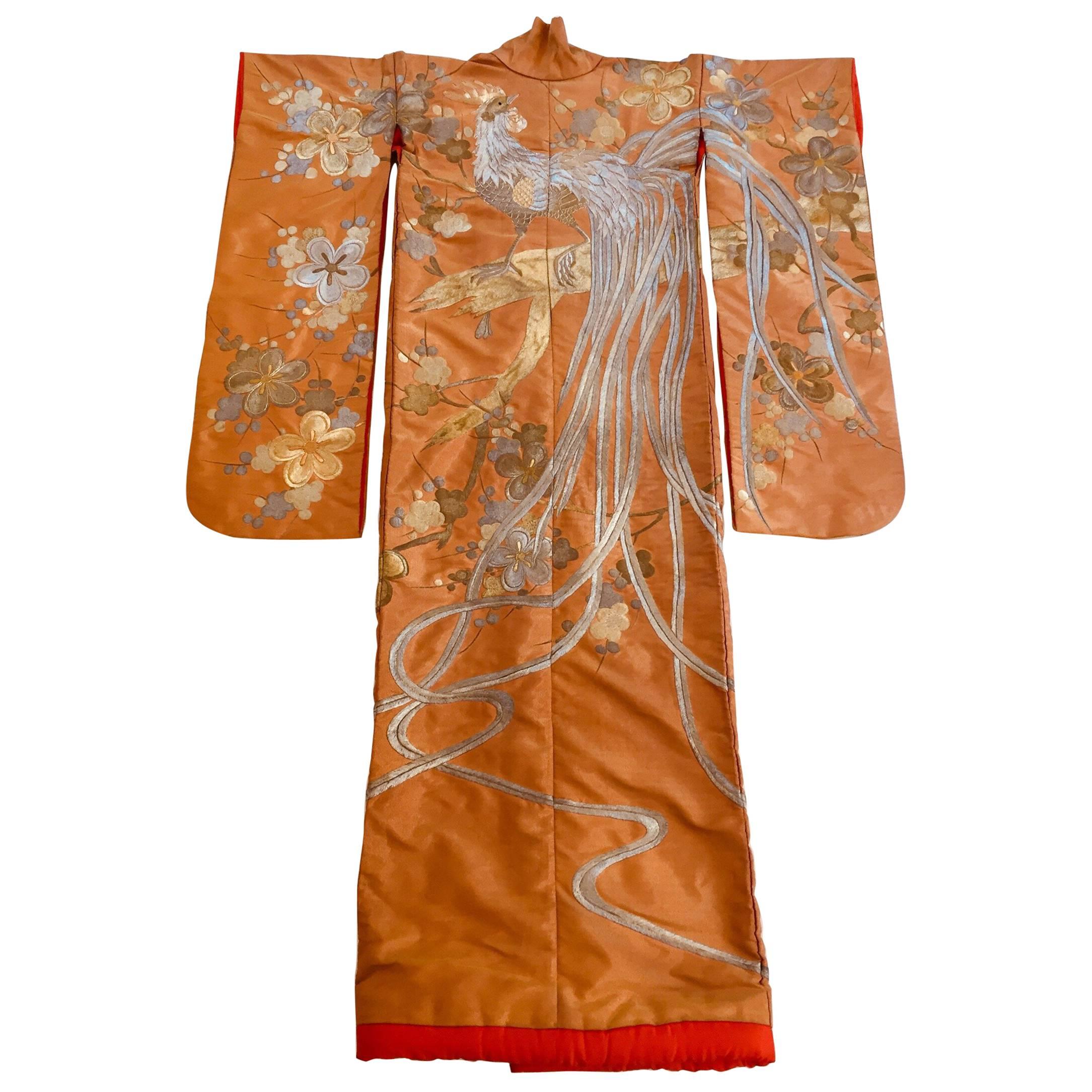 Vintage Brocade Japanese Ceremonial Kimono in Orange, Gold and Silver