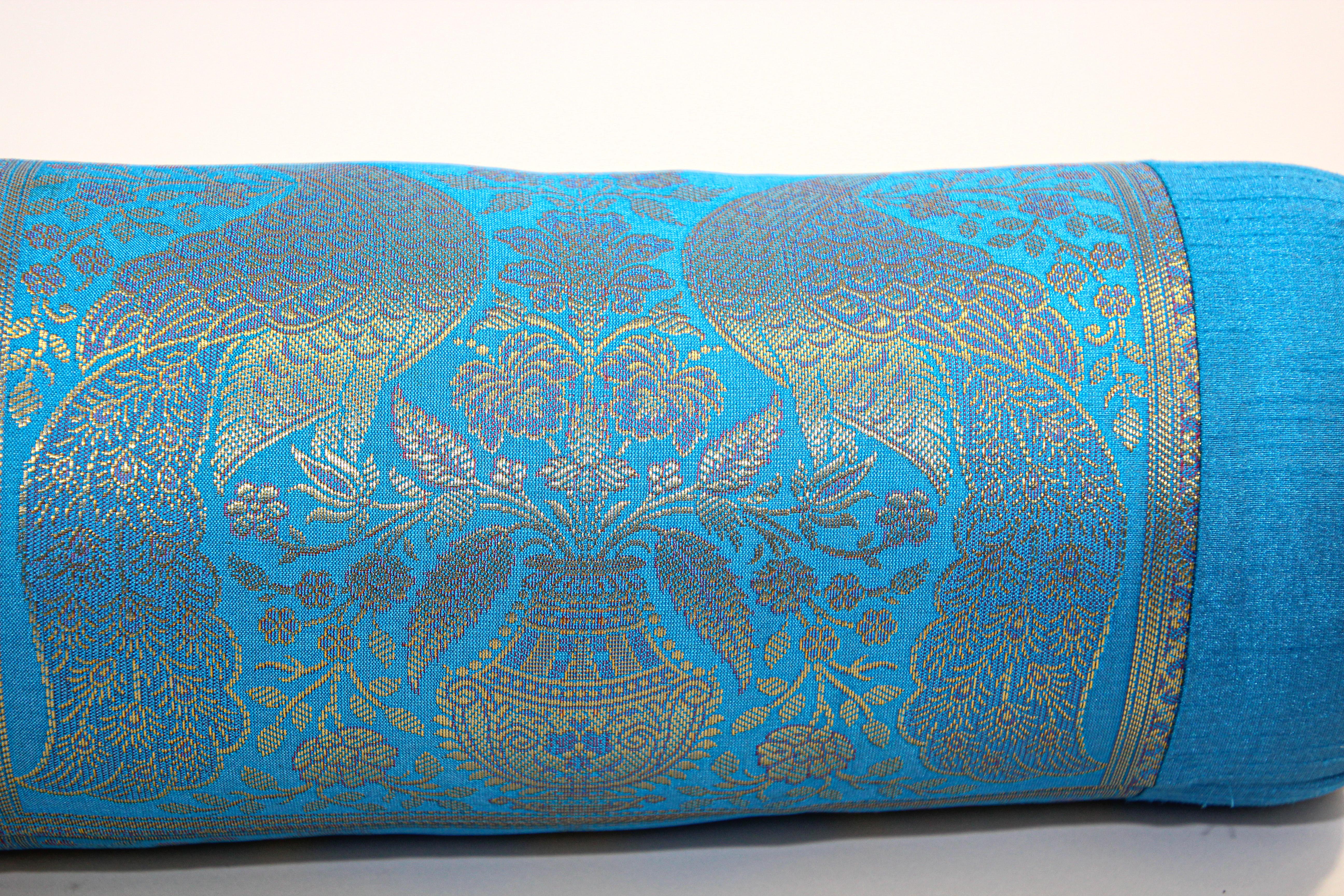 Vintage Brocade Silk Bolster Pillows Turquoise Blue and Gold Colors with Peacock For Sale 1