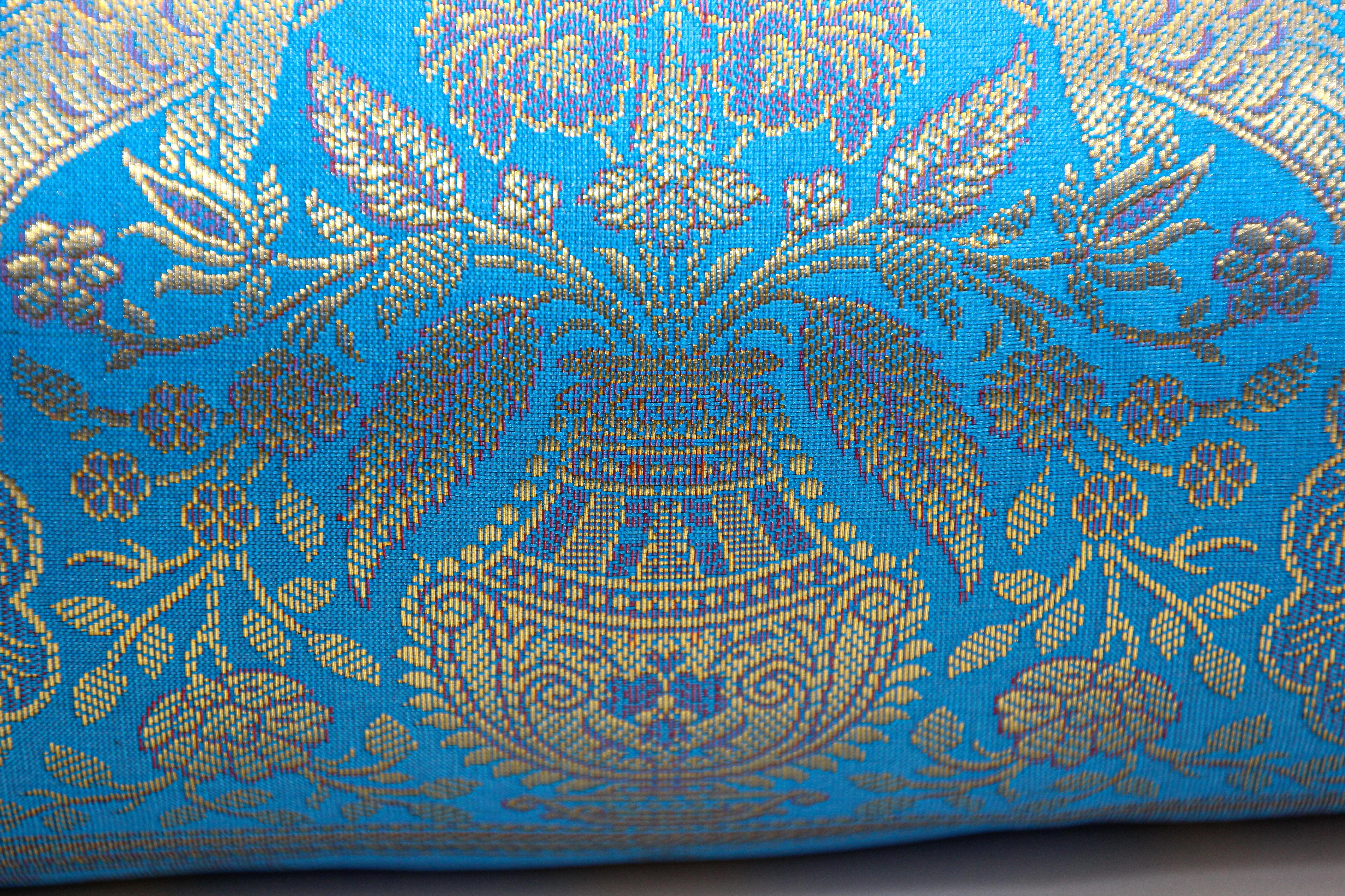 Vintage Brocade Silk Bolster Pillows Turquoise Blue and Gold Colors with Peacock For Sale 2