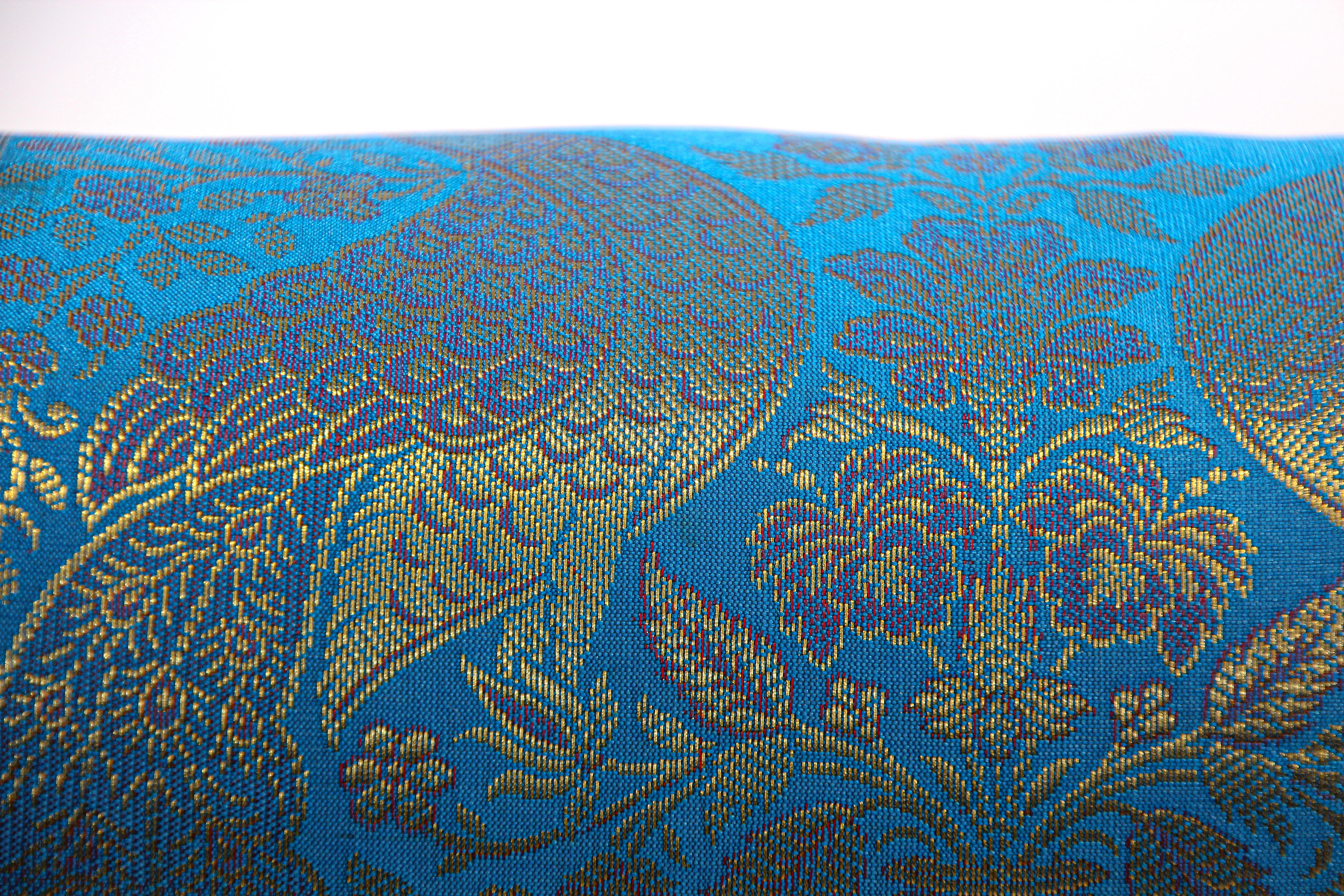 Vintage Brocade Silk Bolster Pillows Turquoise Blue and Gold Colors with Peacock For Sale 3