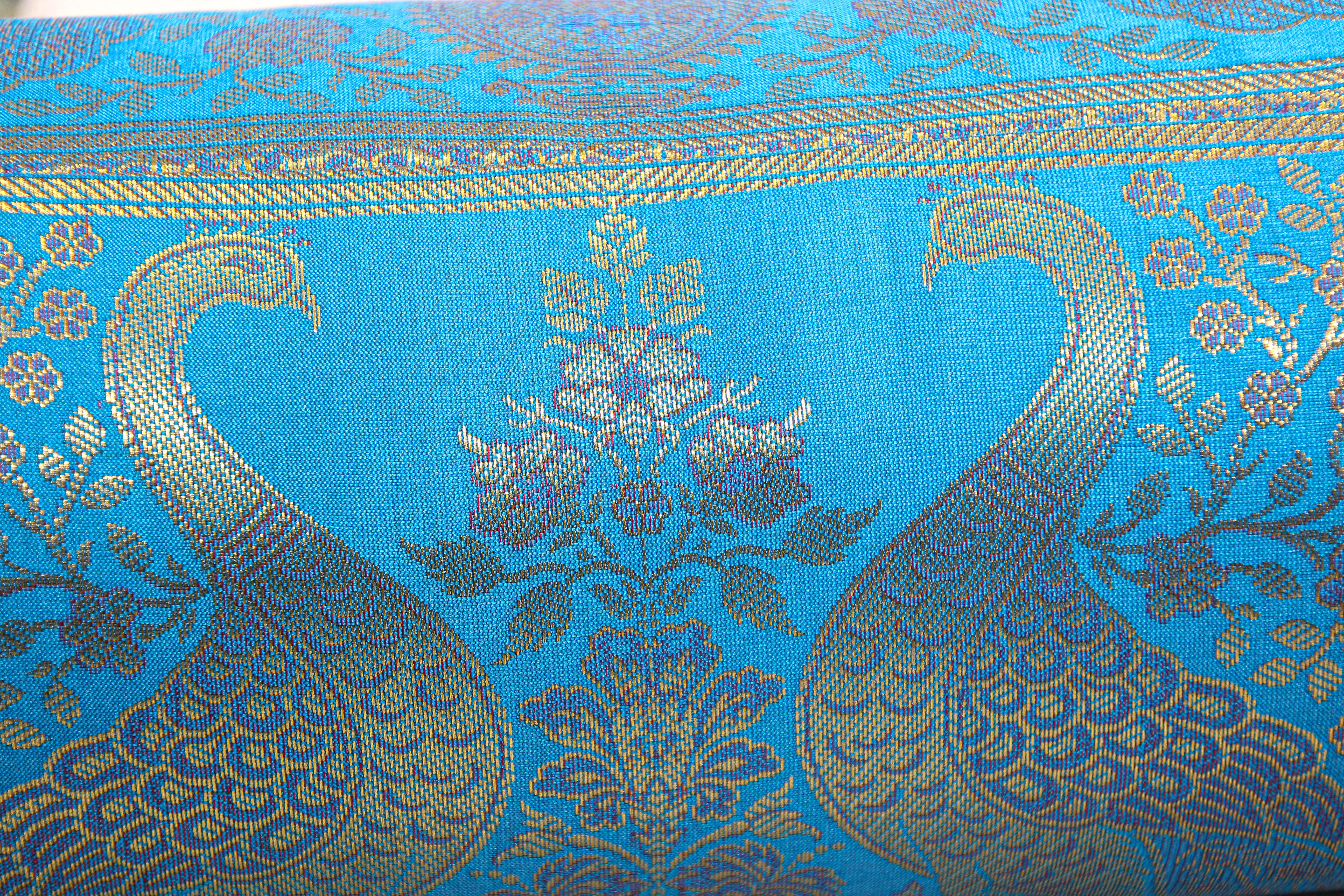 Vintage Brocade Silk Bolster Pillows Turquoise Blue and Gold Colors with Peacock For Sale 3