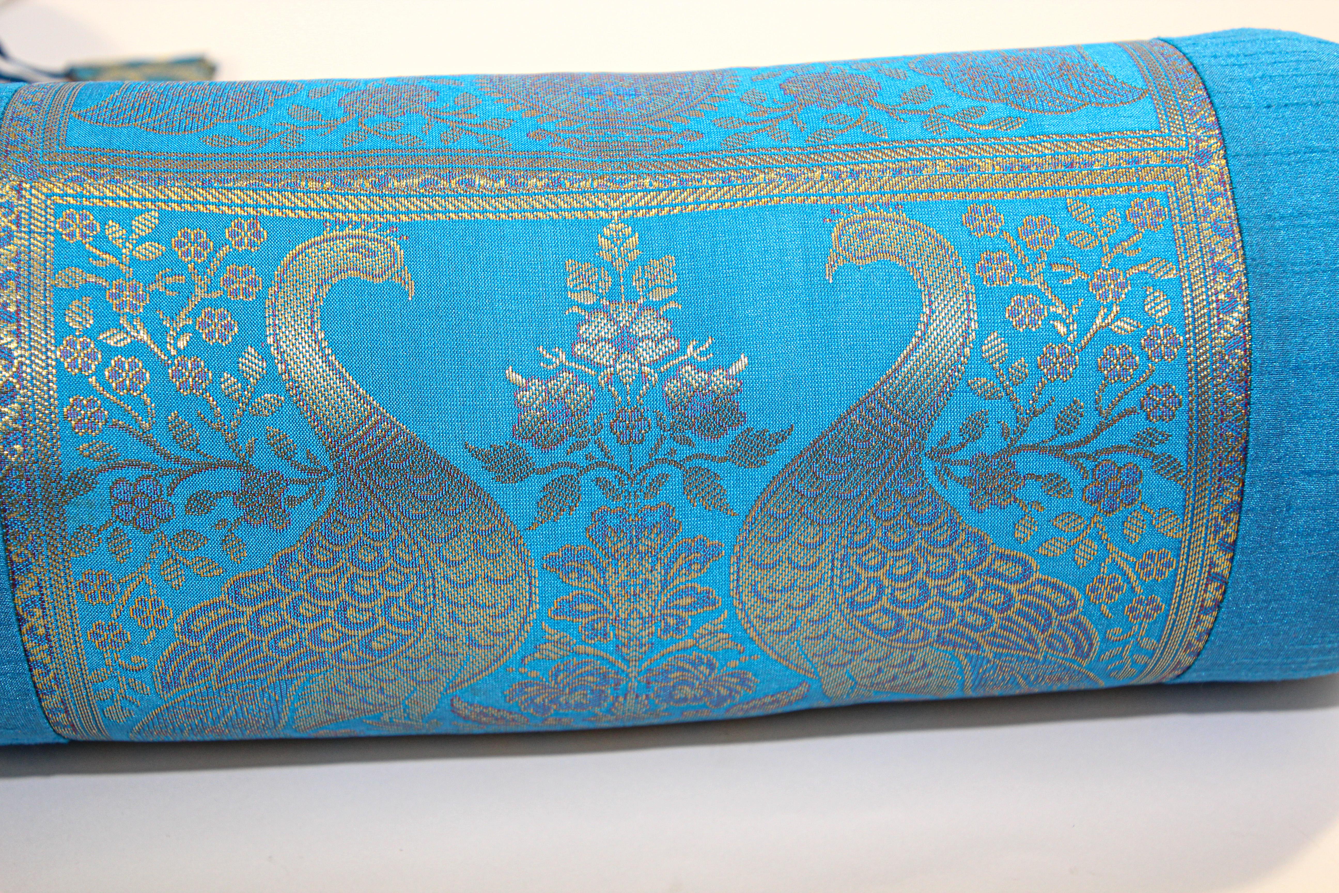 Vintage Brocade Silk Bolster Pillows Turquoise Blue and Gold Colors with Peacock For Sale 5