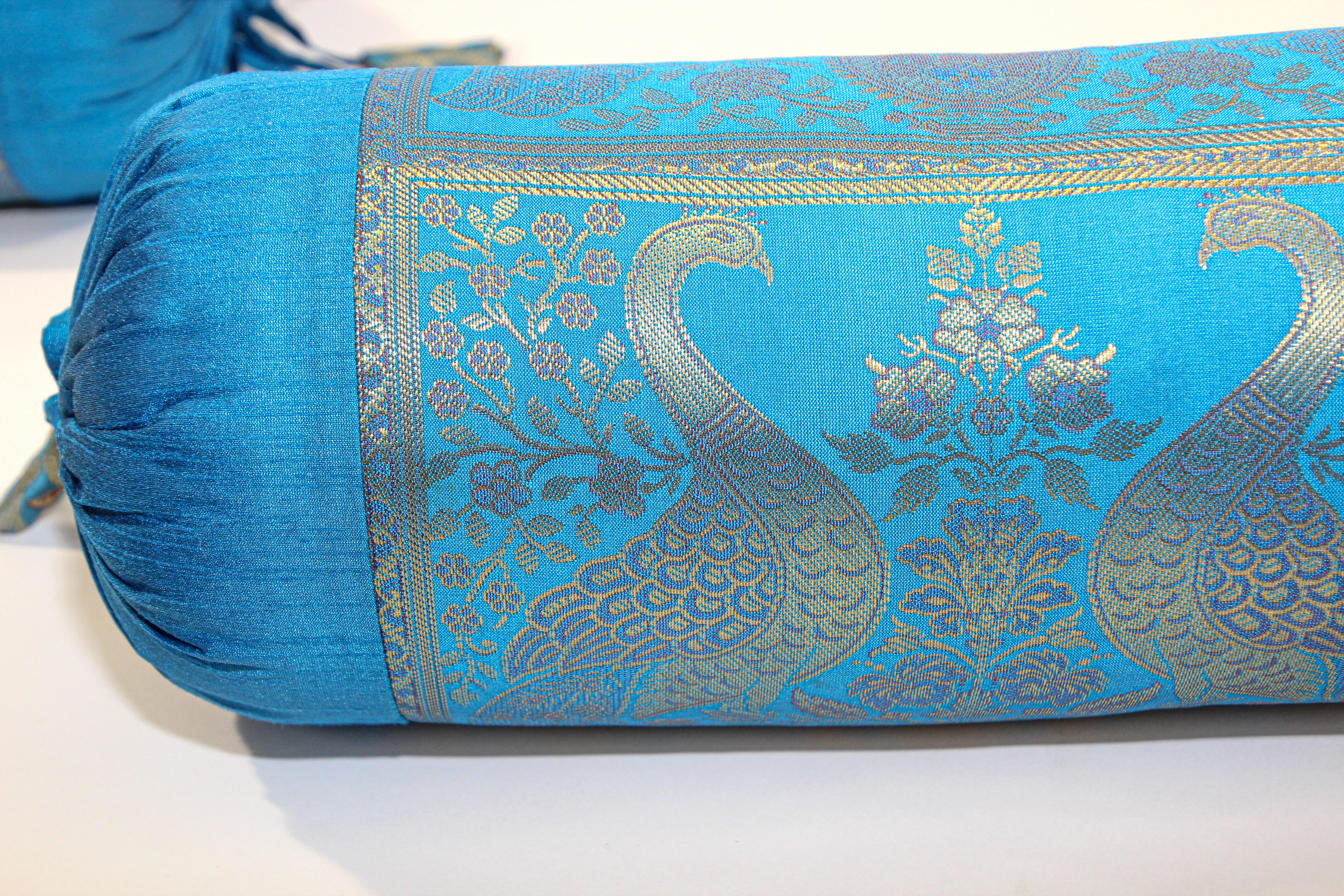 Vintage Brocade Silk Bolster Pillows Turquoise Blue and Gold Colors with Peacock For Sale 6