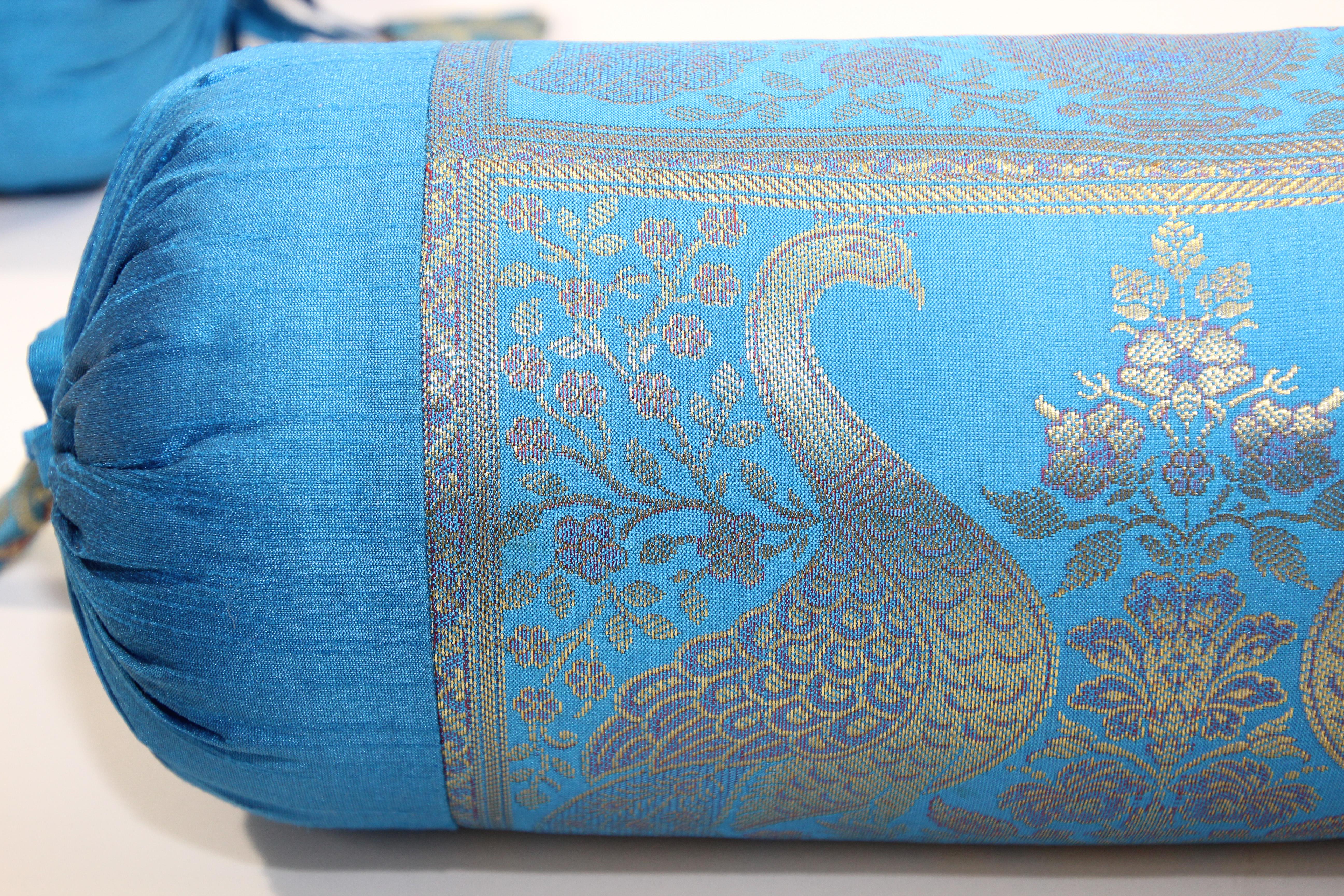 Vintage Brocade Silk Bolster Pillows Turquoise Blue and Gold Colors with Peacock For Sale 7