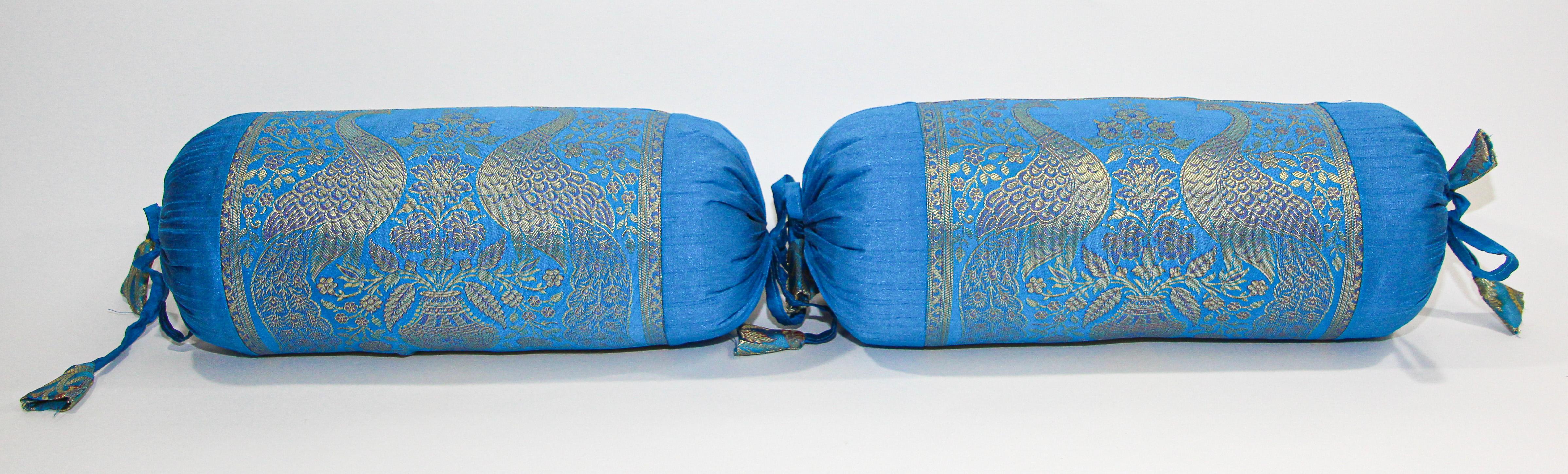 Vintage Brocade Silk Bolster Pillows Turquoise Blue and Gold Colors with Peacock For Sale 8