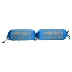 Vintage Brocade Silk Bolster Pillows Turquoise Blue and Gold Colors with Peacock