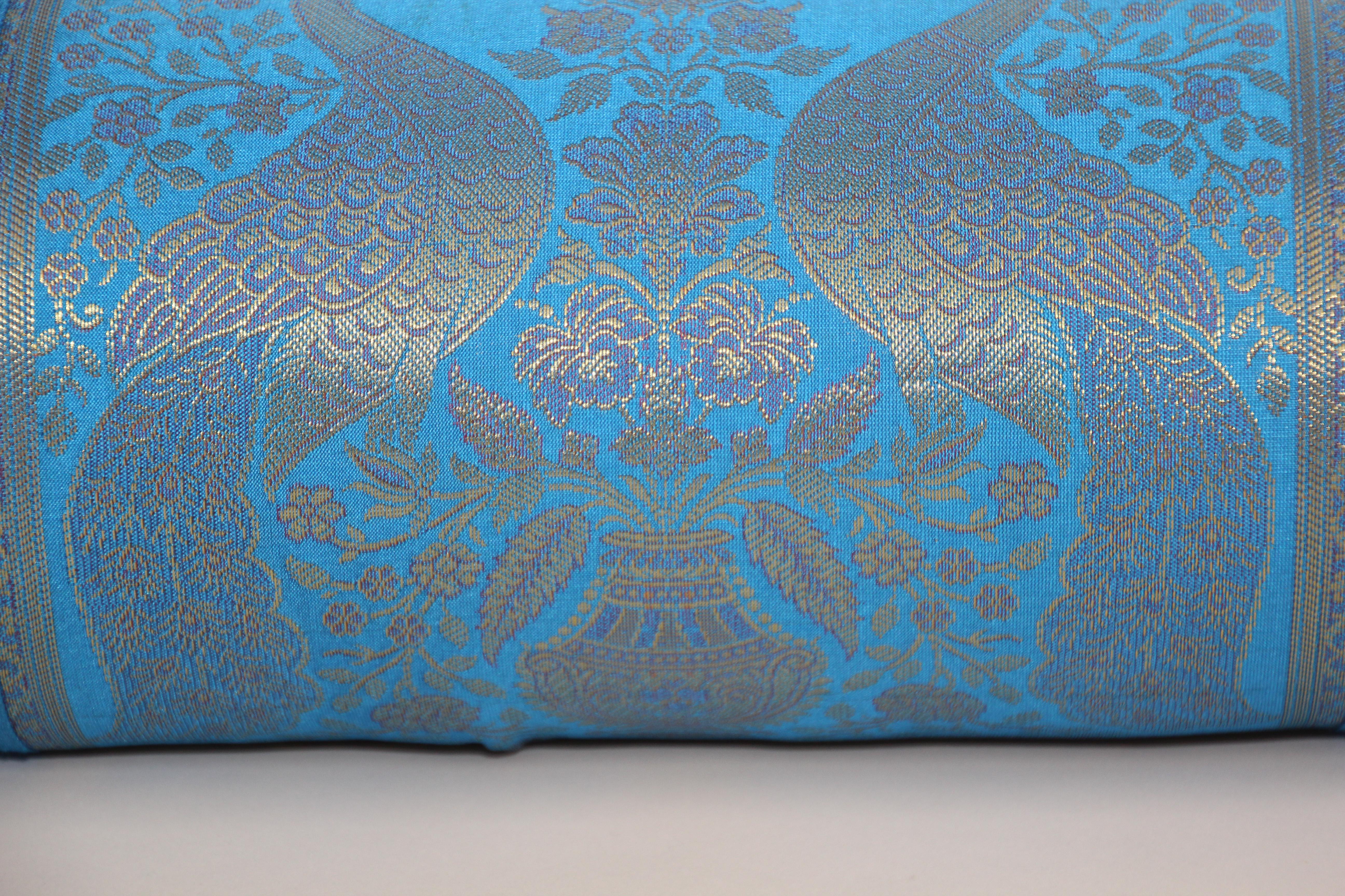 Anglo Raj Vintage Brocade Silk Bolster Pillows Turquoise Blue and Gold Colors with Peacock For Sale