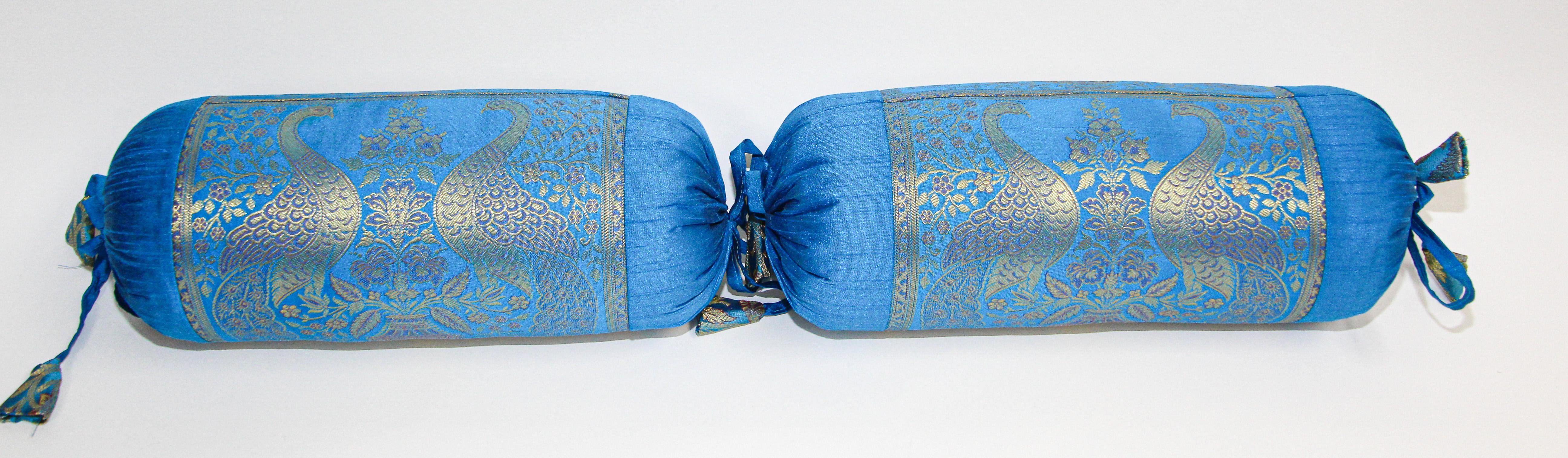 Indian Vintage Brocade Silk Bolster Pillows Turquoise Blue and Gold Colors with Peacock For Sale