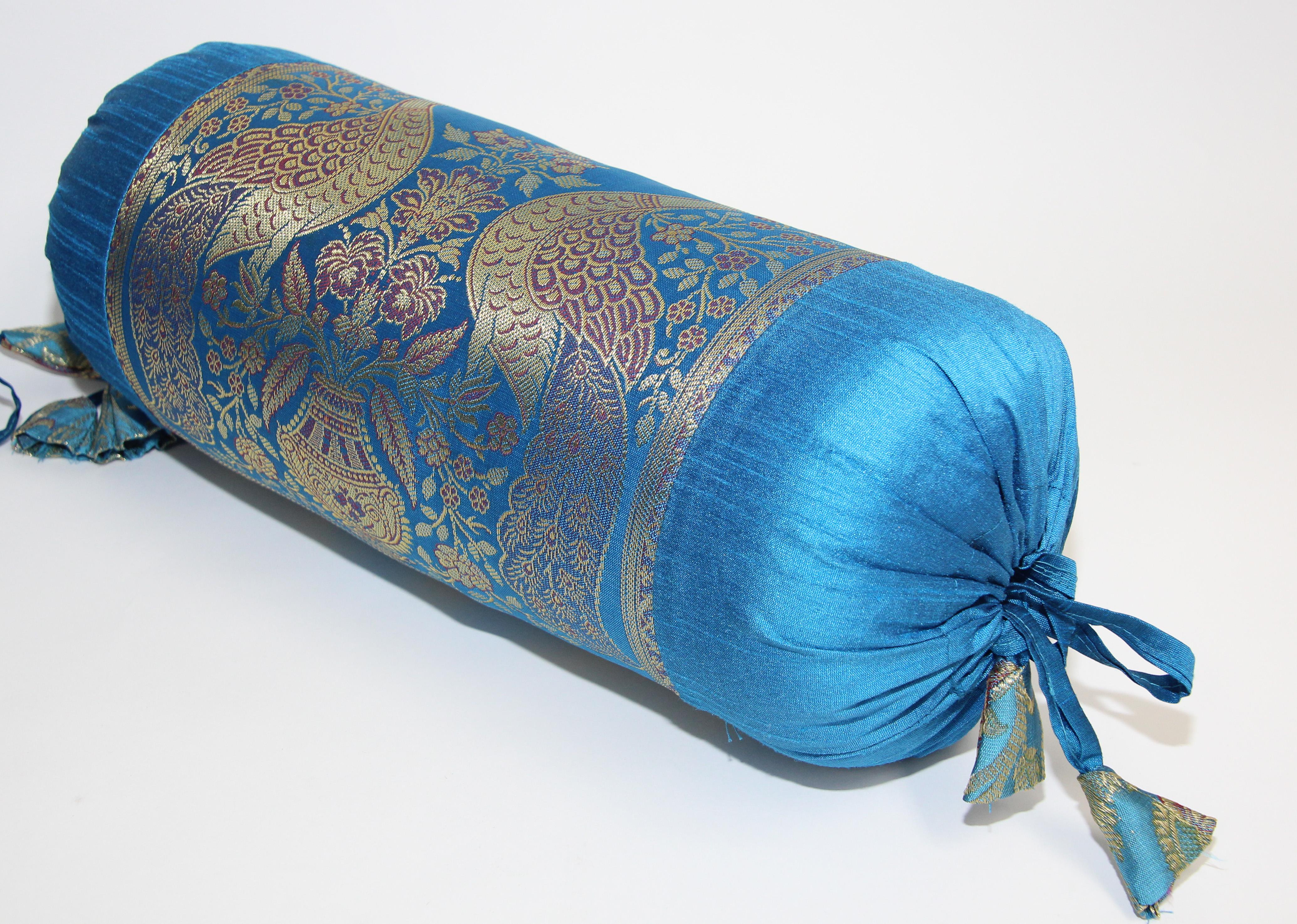 Hand-Crafted Vintage Brocade Silk Bolster Pillows Turquoise Blue and Gold Colors with Peacock For Sale