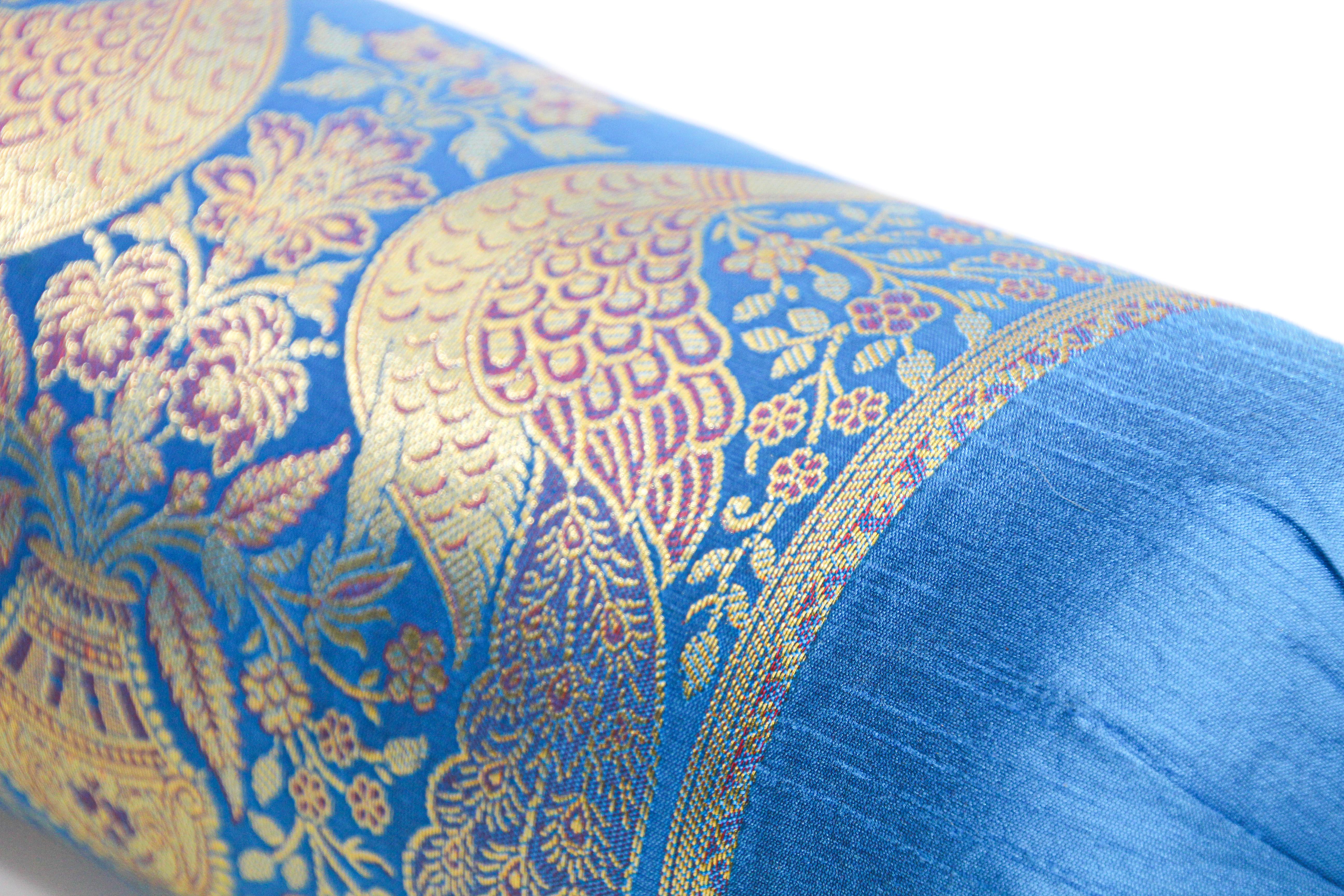 20th Century Vintage Brocade Silk Bolster Pillows Turquoise Blue and Gold Colors with Peacock For Sale