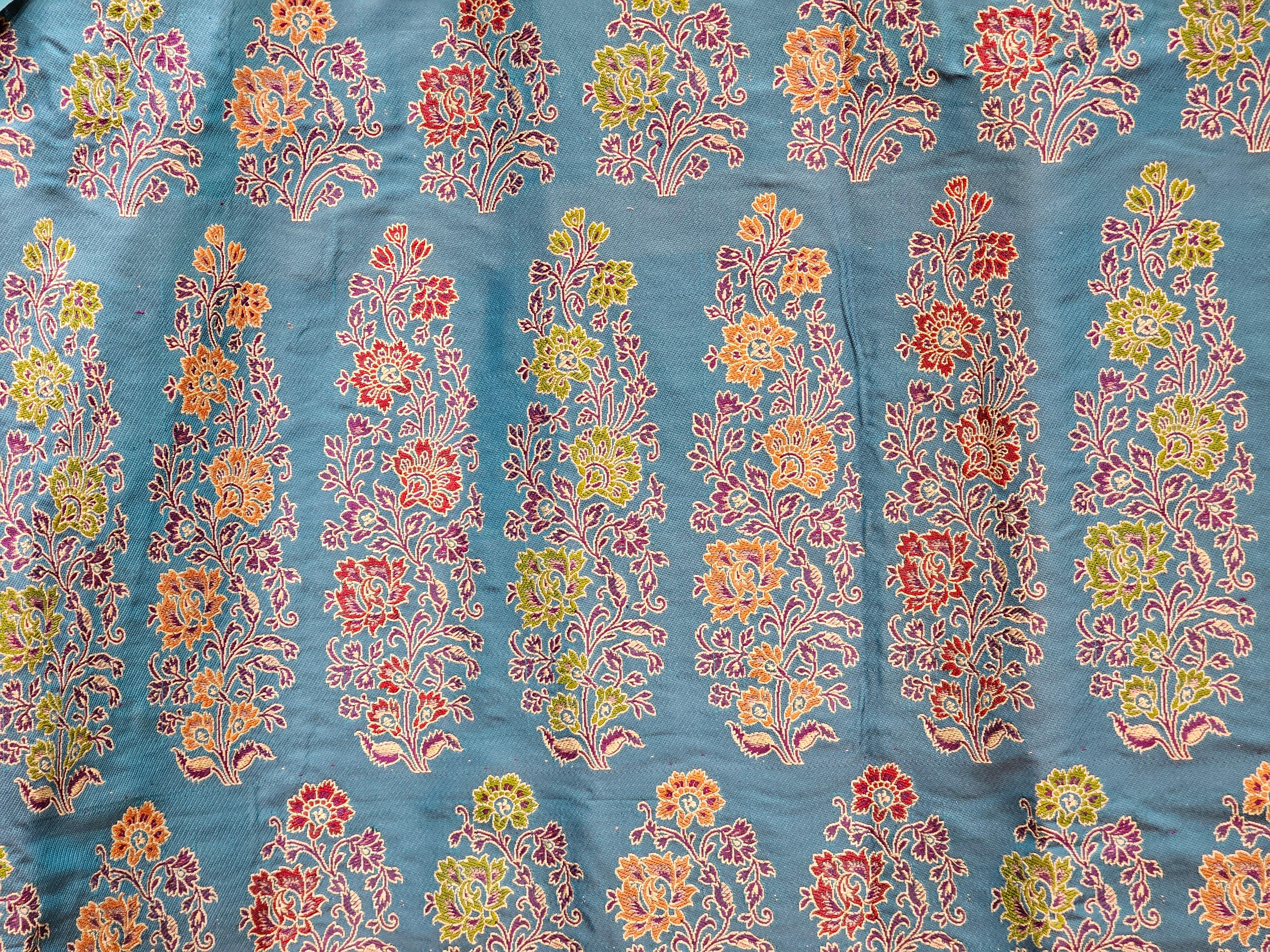 Vintage Brocade Silk Textile in Paisley Pattern in Blue, Pale Green, Gold For Sale 1