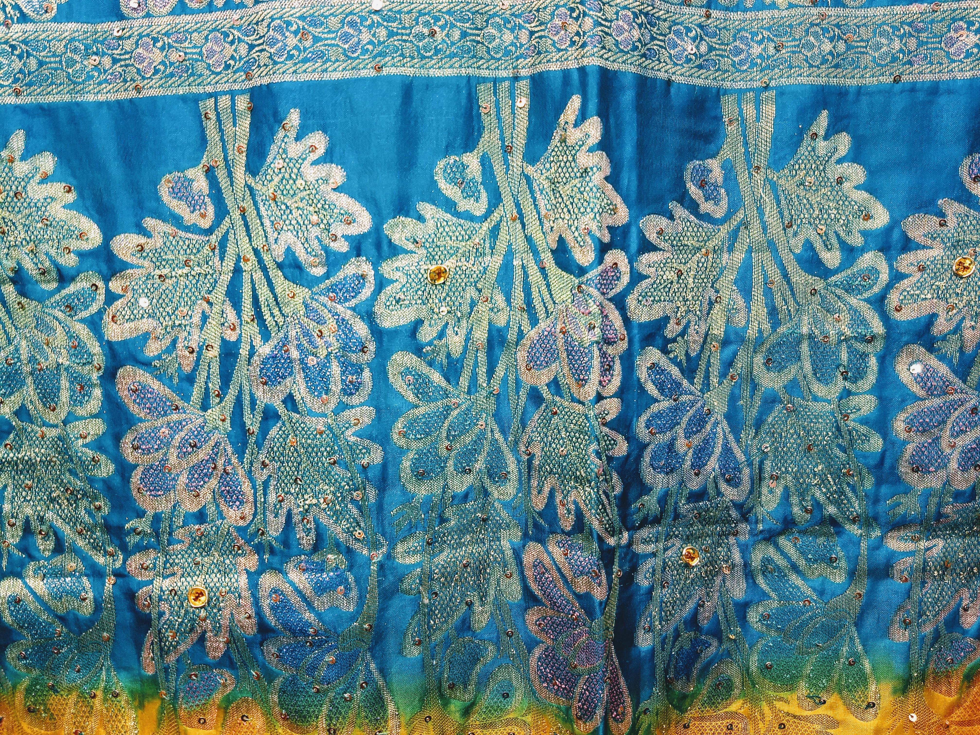 Vintage Brocade Silk Textile in Paisley Pattern in Blue, Silver, Gold For Sale 5