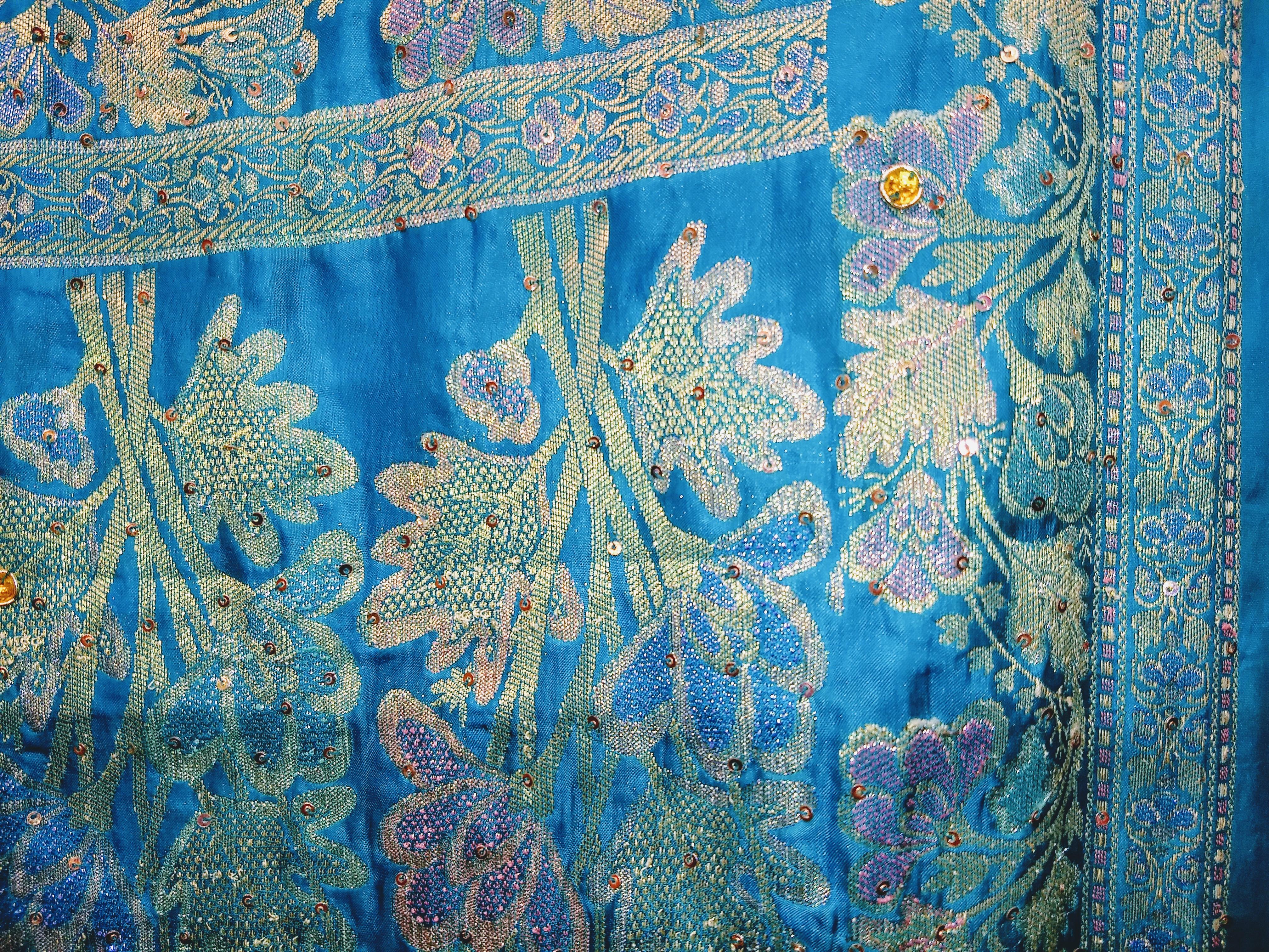 Vintage Brocade Silk Textile in Paisley Pattern in Blue, Silver, Gold For Sale 6