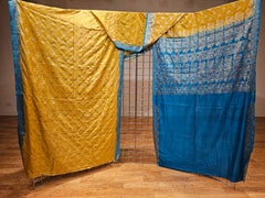 Vintage Brocade Silk Textile in Paisley Pattern in Blue, Silver, Gold