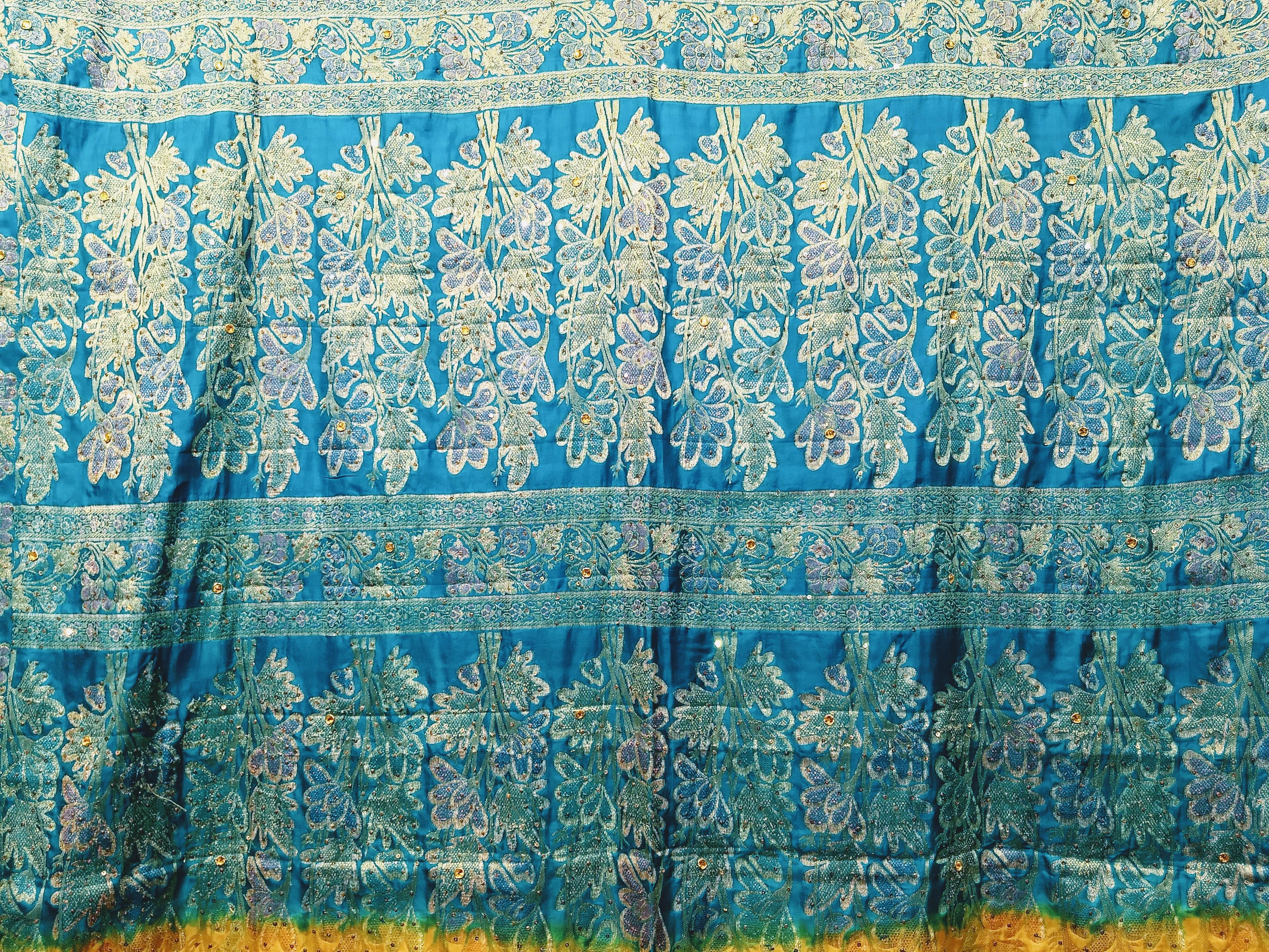 Vintage Brocade Silk Textile in Paisley Pattern in Blue, Silver, Gold For Sale 3