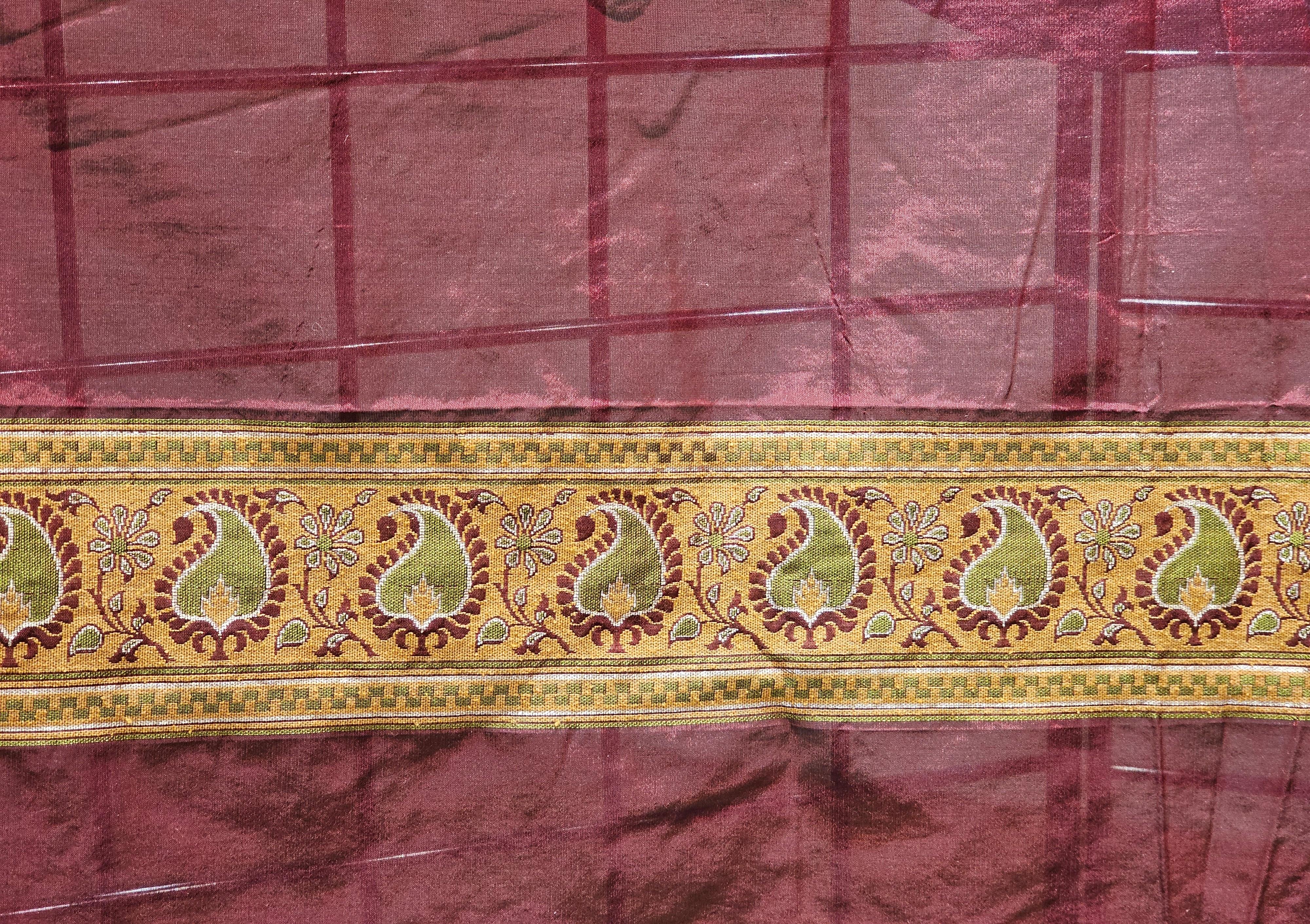 Vintage Brocade Silk Textile in Paisley Pattern in Burgundy, Pale Green, Gold For Sale 4