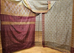 Vintage Brocade Silk Textile in Paisley Pattern in Burgundy, Pale Green, Gold