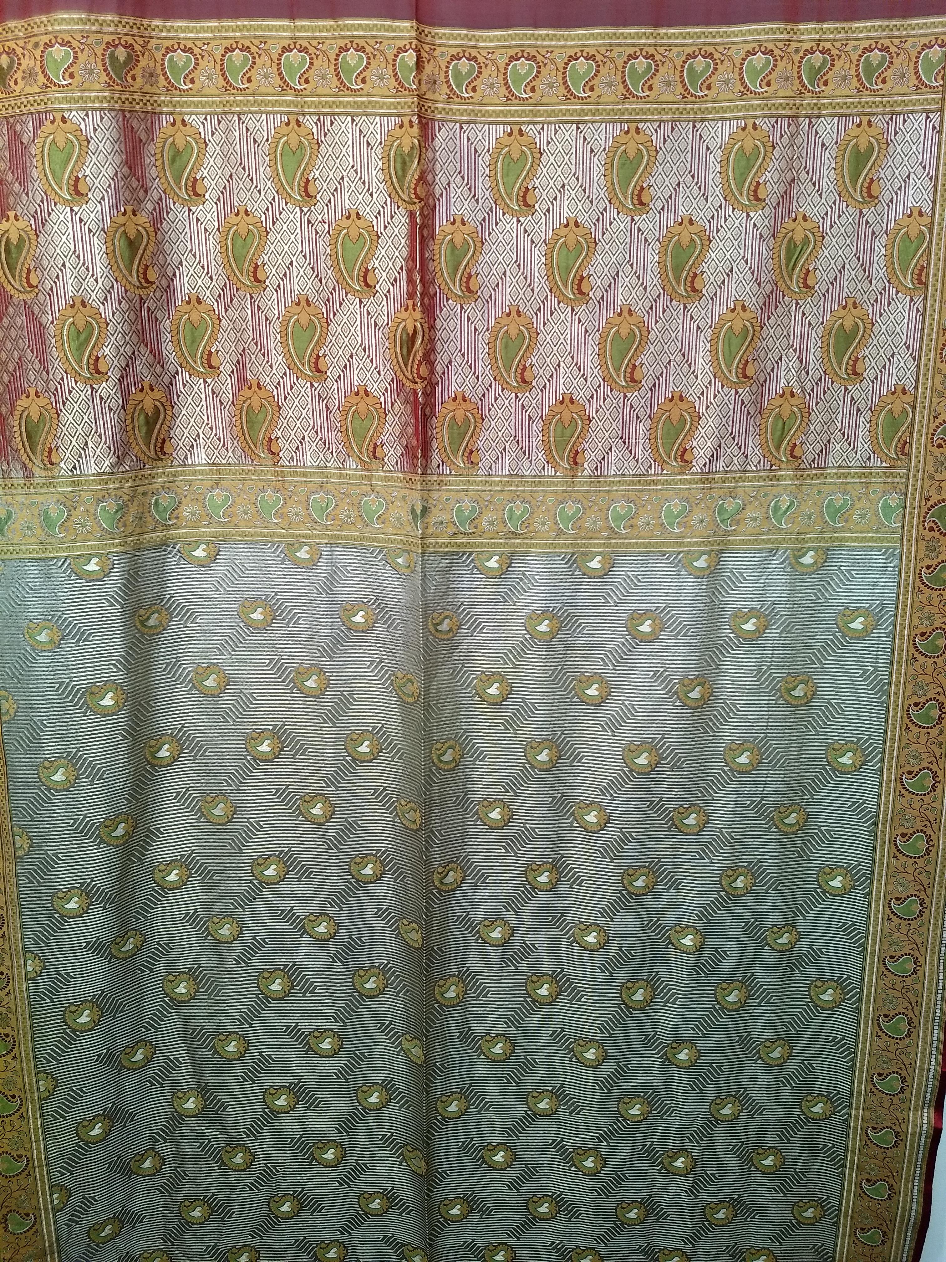 Indian Vintage Brocade Silk Textile in Paisley Pattern in Burgundy, Pale Green, Gold For Sale