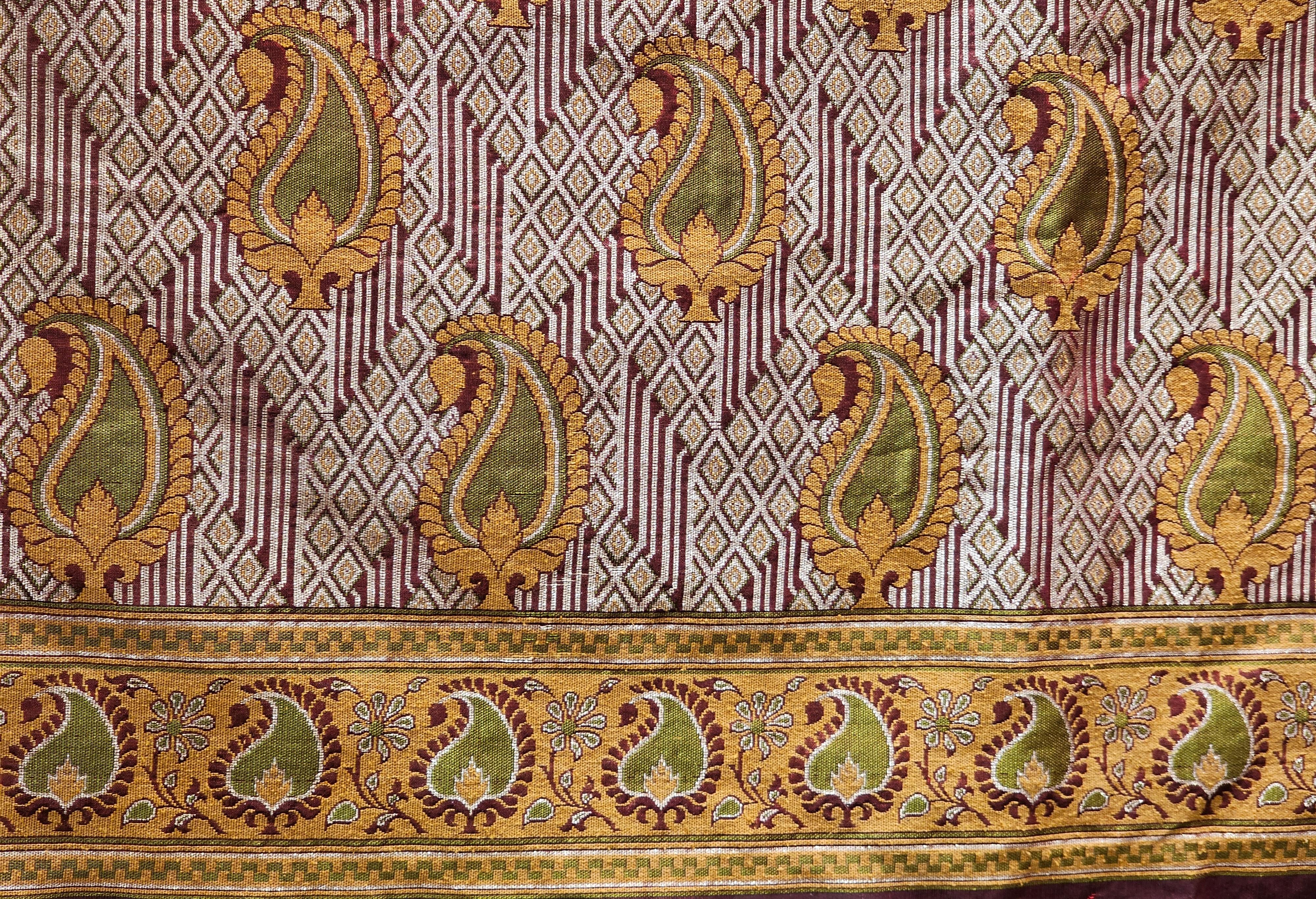 Vintage Brocade Silk Textile in Paisley Pattern in Burgundy, Pale Green, Gold For Sale 3