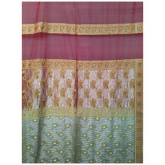 Vintage Brocade Silk Textile in Paisley Pattern in Burgundy, Pale Green, Gold
