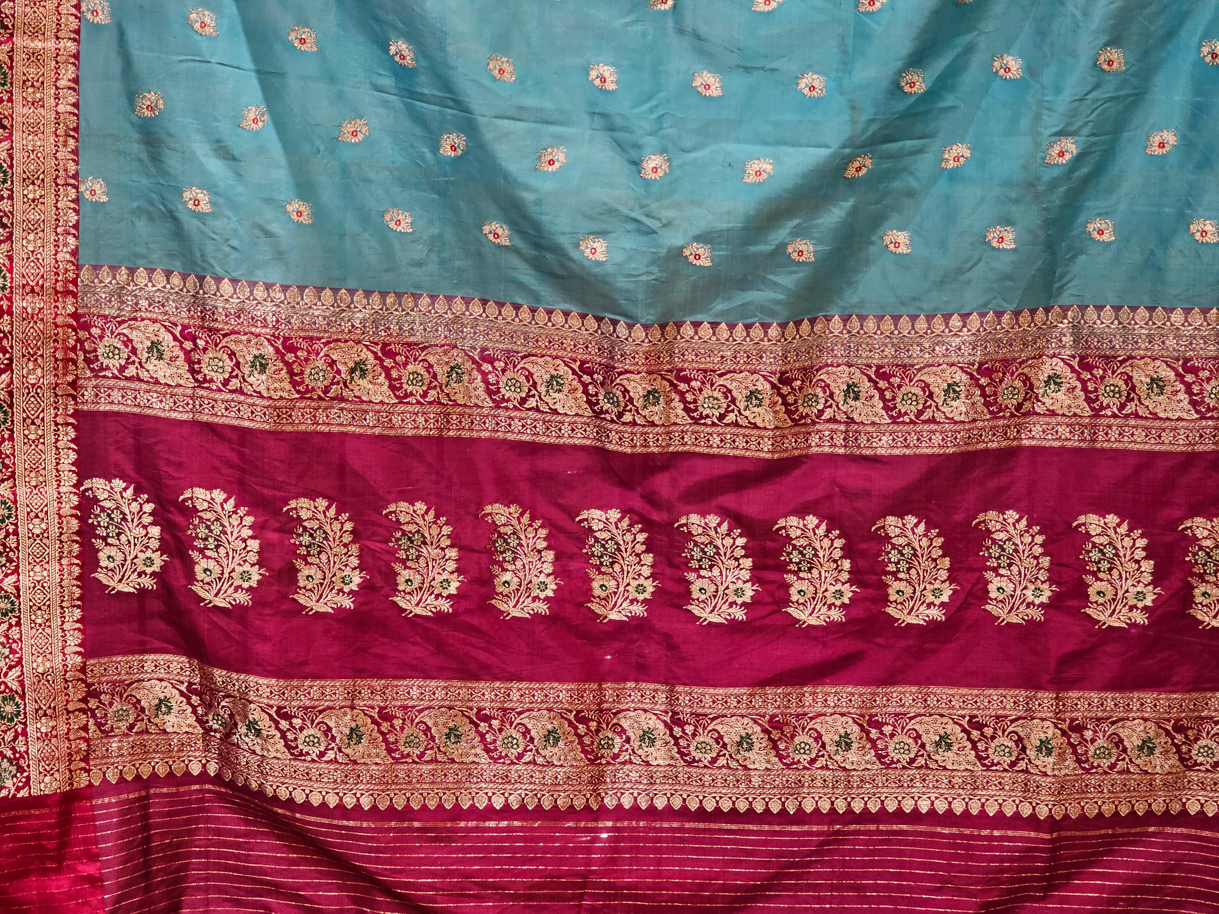 Indian Vintage Brocade Silk Textile in Paisley Pattern in Burgundy, Turquoise, Gold For Sale