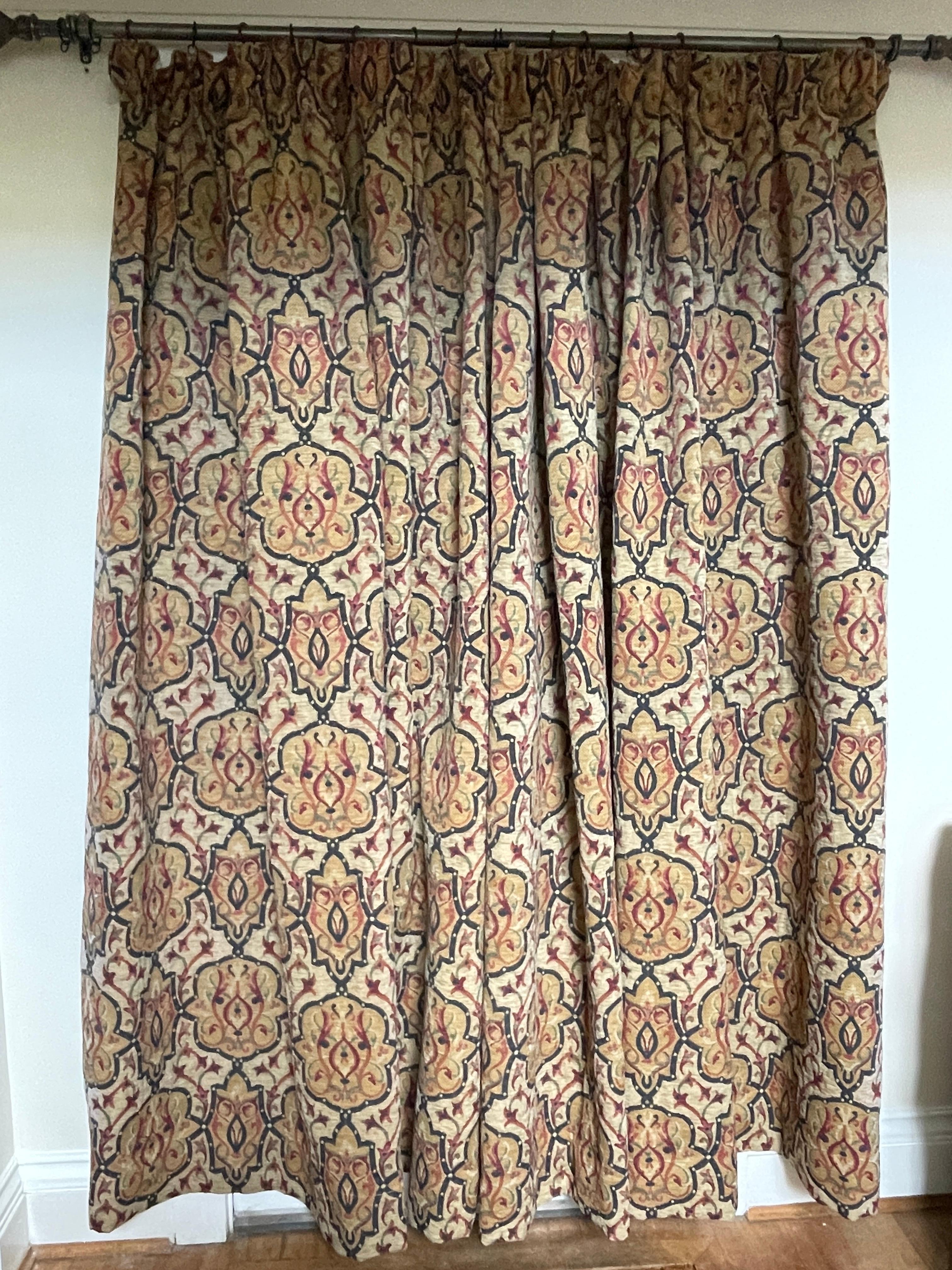 JUST PURCHASED MORE INFORMATION TO FOLLOW OR BY REQUEST, photos taken with iphone
Woven in shades of green, blue ochre and red on an ecru ground with a bold strapwork pattern creating an embroidered effect. With a small repeat. Generous hem,