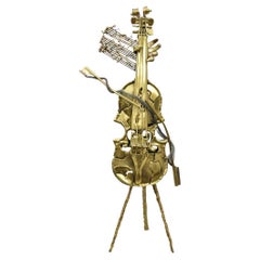 Vintage "Broken Fiddle" Bronze Violin Sculpture on Stand by Chaim Hendin