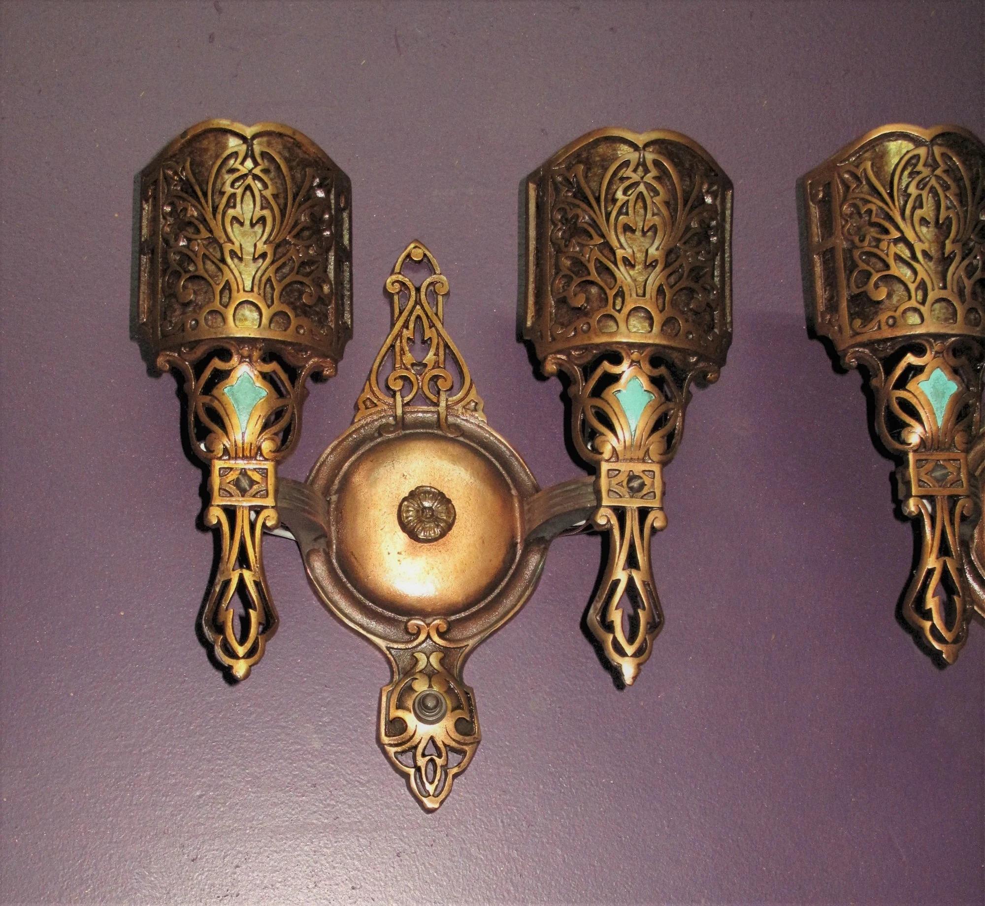 Vintage Bronze 2 Bulb Sconce Lights w/ Mica. 4 pair available. priced per pair In Good Condition For Sale In Prescott, US